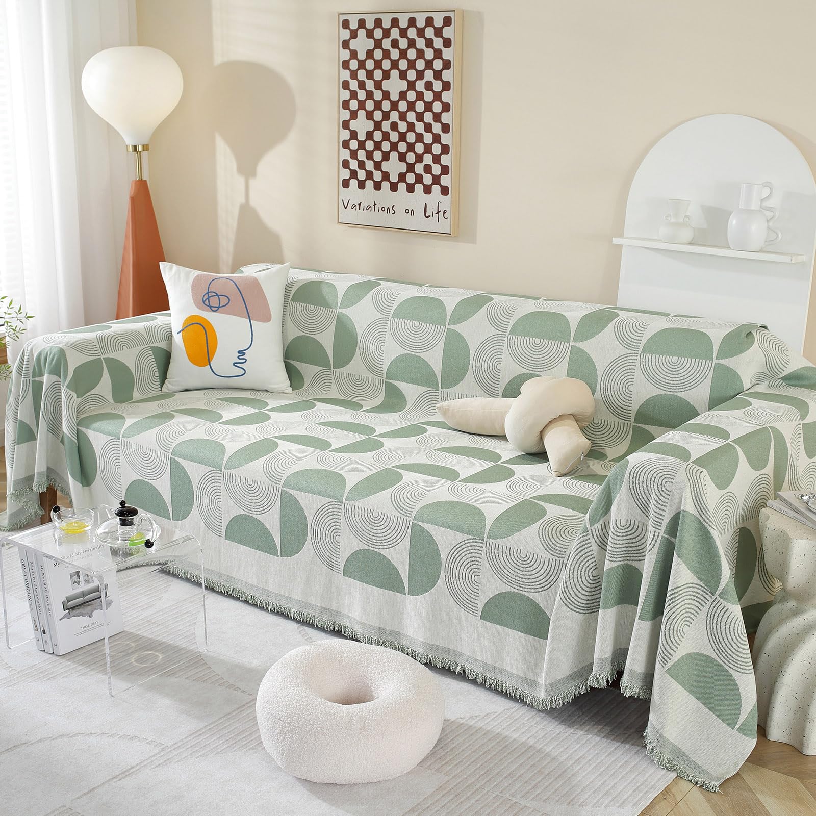 DREAMINGO Green Couch Cover Sofa Covers for 3 Seat Couch Circle Geometric Couch Cushion Covers Sectional Sofa Slipcover for Pets Dog Tassel Trim Chenille Throw Covers for Couches, 71"x150" — image 1