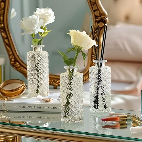 Miniatura 3 de ComSaf Juego de 3 jarrones de cristal, pequeños jarrones de flores a granel, mini jarrones de diamante para centros de mesa, jarrón vintage
