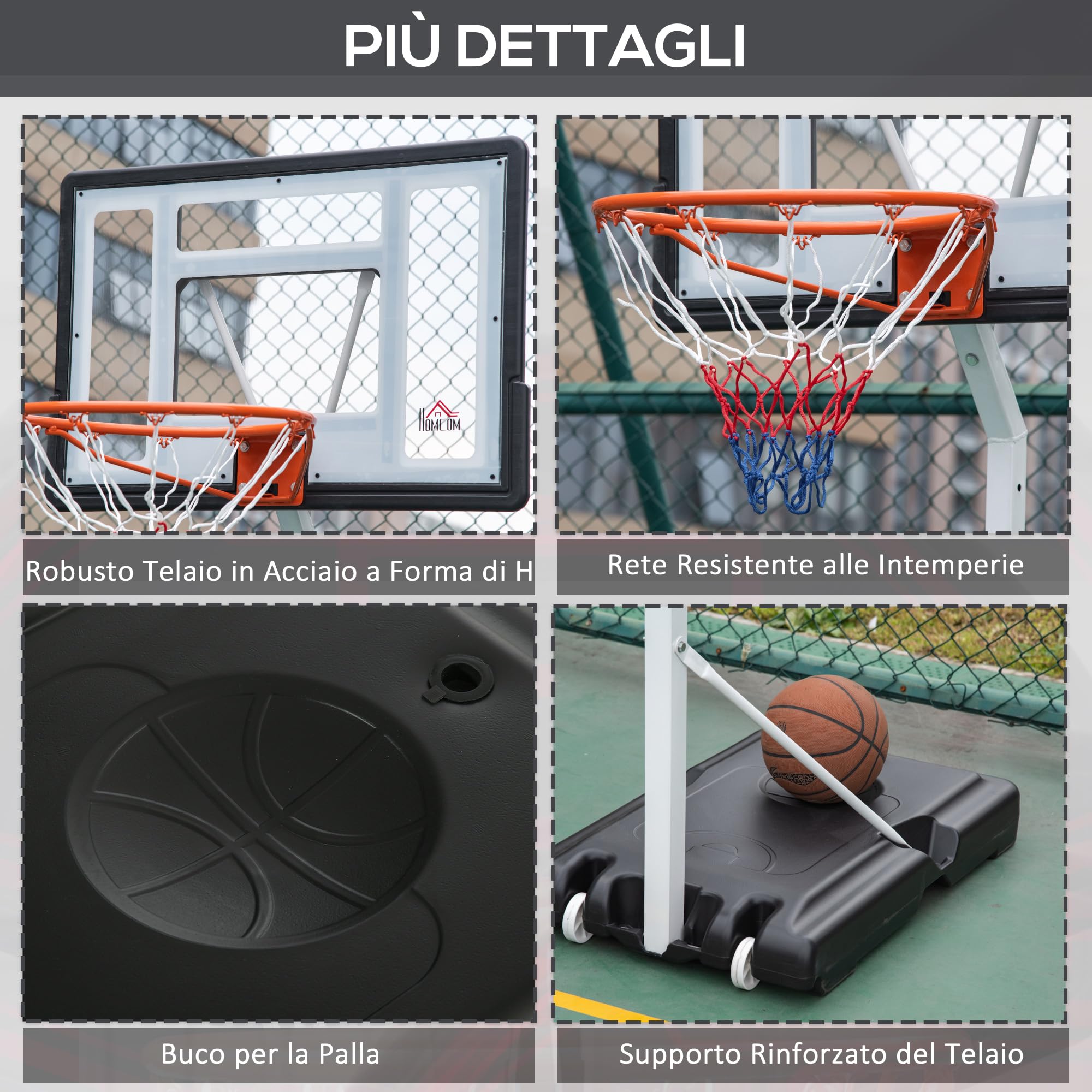 HOMCOM Canestro da Basket per Adulti con Ruote, Regolabile in Altezza 260-310 cm, Canestro Basket da Esterno e Interno con Tabellone e Supporto in Plastica, Bianco