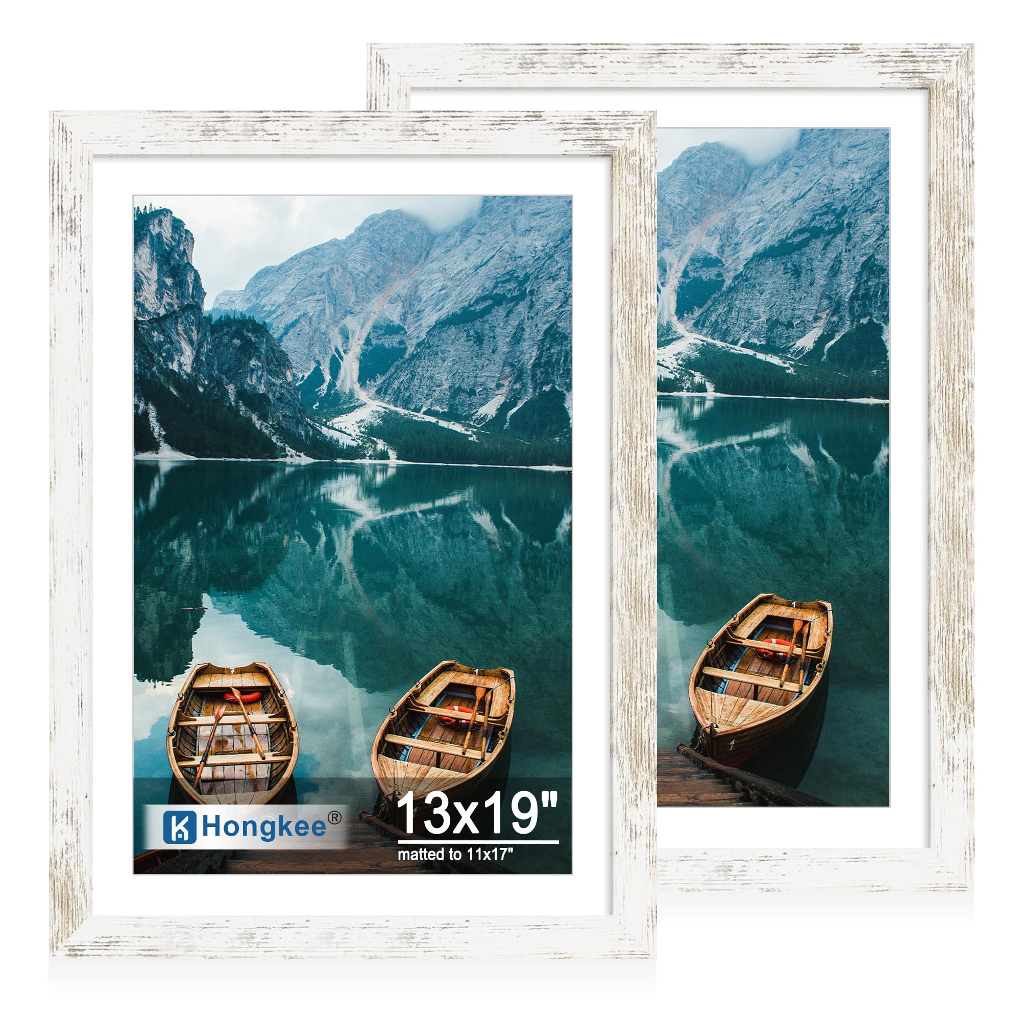Photo 1 of Hongkee 13x19 Picture Frame Set of 2, Distressed White Wood Style - Display Posters 11 x 17 with Mat or 13x19 without Mat, Wall Mounting Horizontal and Vertical