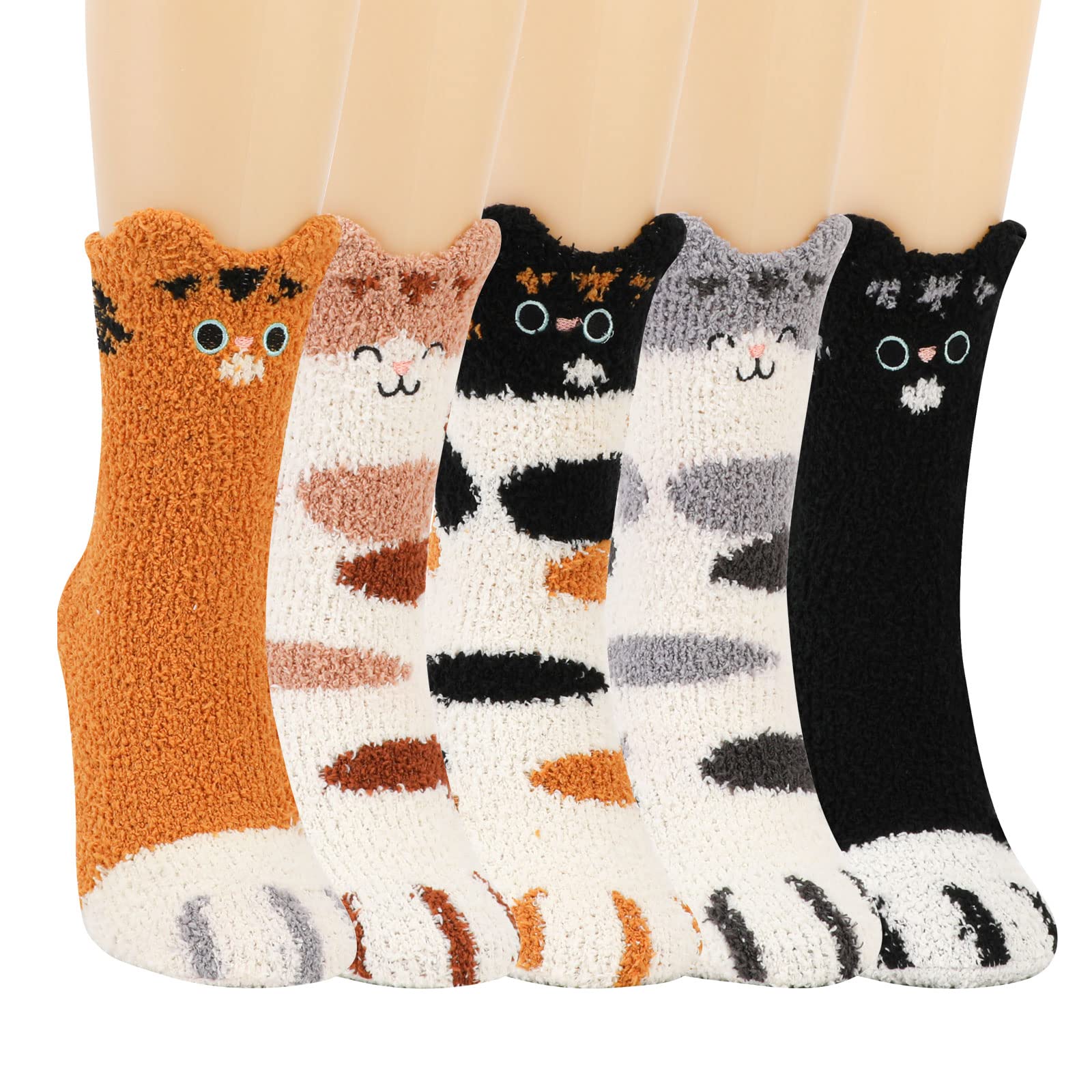JUPSK 5 Paires Chaussettes Moelleuses Polaire Corail Pour Femmes - Chaussettes Thermiques Drôles Patte De Chat