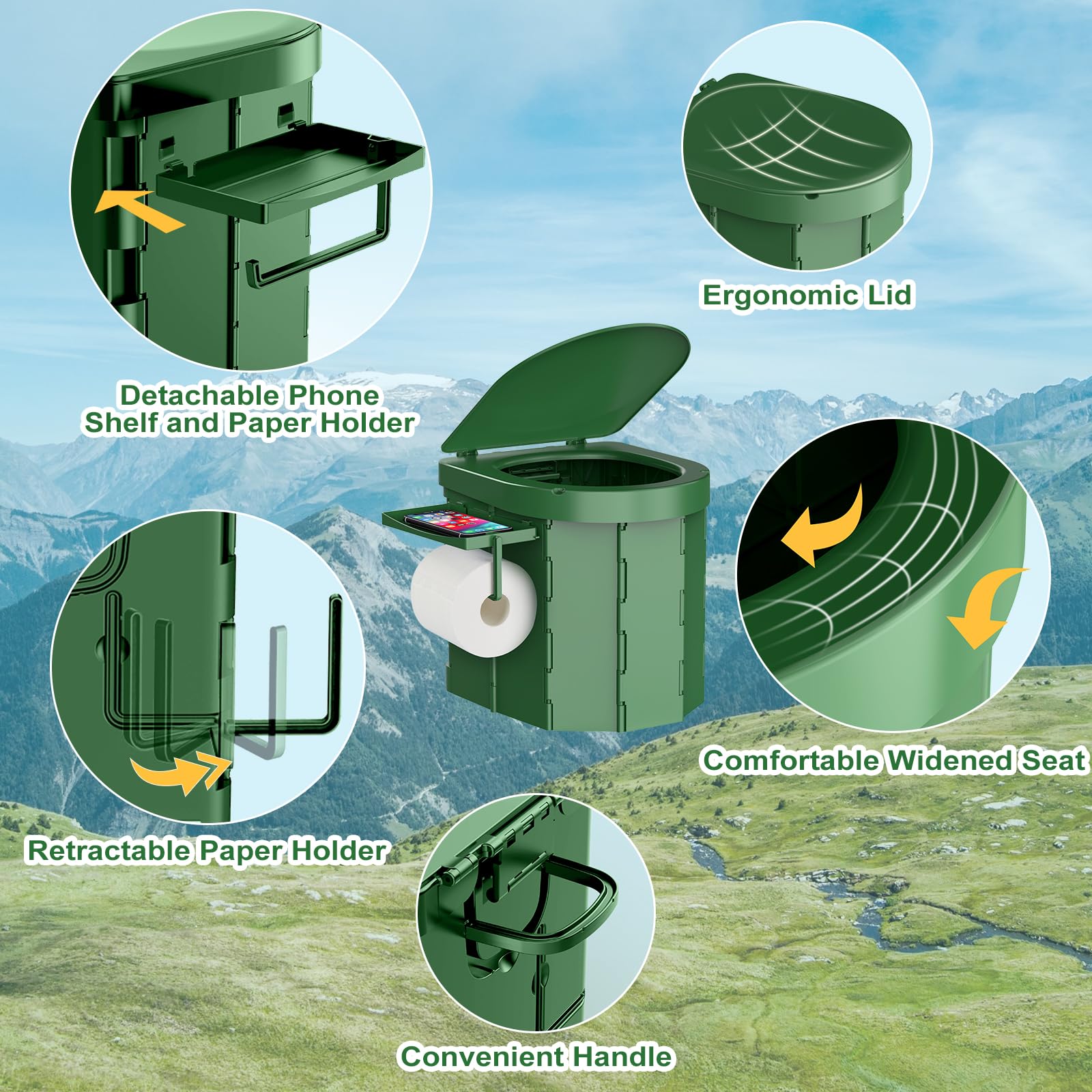 WADEO Draagbaar campingtoilet met deksel voor volwassenen
