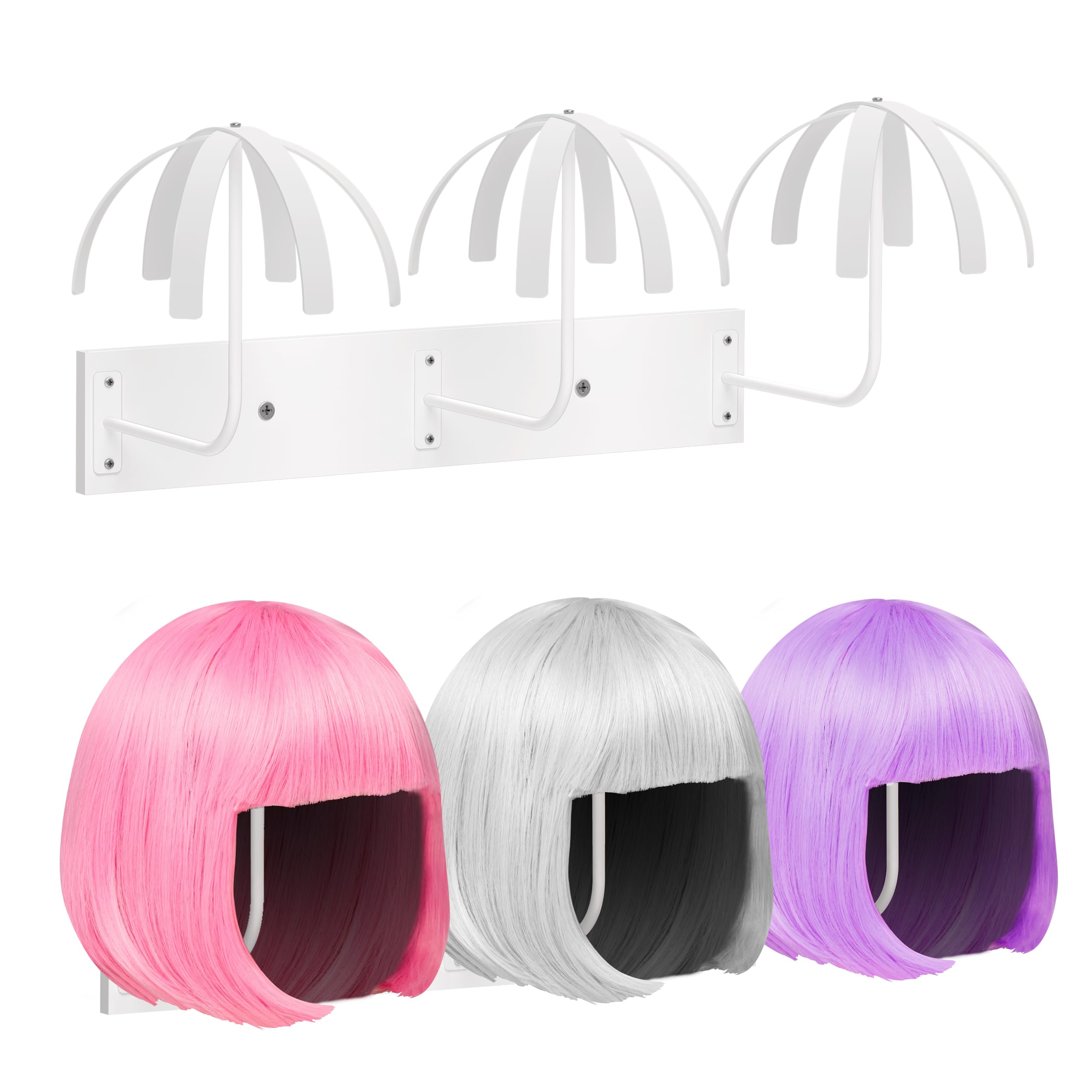 Hanging Wig Stand for Multiple Wigs, 6 PCS Wall Mounted Wig Hanger Holder, Durable Wig Storage Organizer Rack for Wig Display, Storage, Styling, Drying (Carbon Steel and Wood)