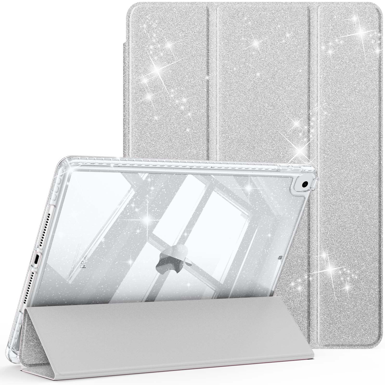 Fintie Glitzer Hülle für iPad 10.2 Zoll 9/8/7 Generation Case (2021/2020/2019 Modell)‌ – Transparente Glitzer-Schutzhülle mit Stifthalter, Stoßfest Glänzender Rückseite & Auto Sleep/Wake, Silber