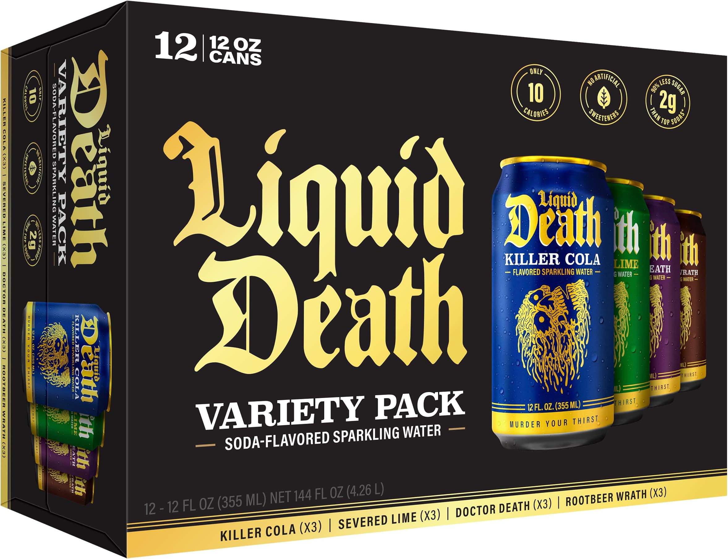 Liquid Death, Soda-Flavored Sparkling Water Variety Pack, 12-Pack (12oz Cans), Low Calorie & No Artificial Sweeteners, 4 Flavors: Severed Lime, Doctor Death, Killer Cola, and Rootbeer Wrath