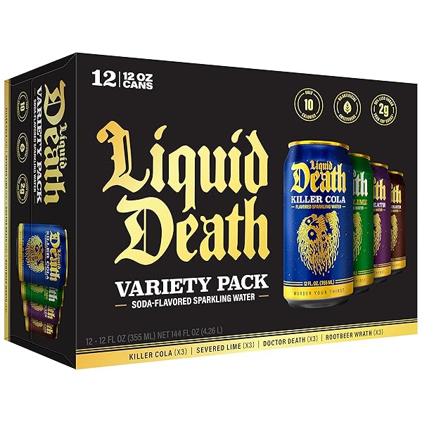 Liquid Death, Soda-Flavored Sparkling Water Variety Pack, 12-Pack (12oz Cans), Low Sugar, Huge Flavor & No Artificial Sweeteners, 4 Flavors: Severed Lime, Doctor Death, Killer Cola, and Rootbeer Wrath