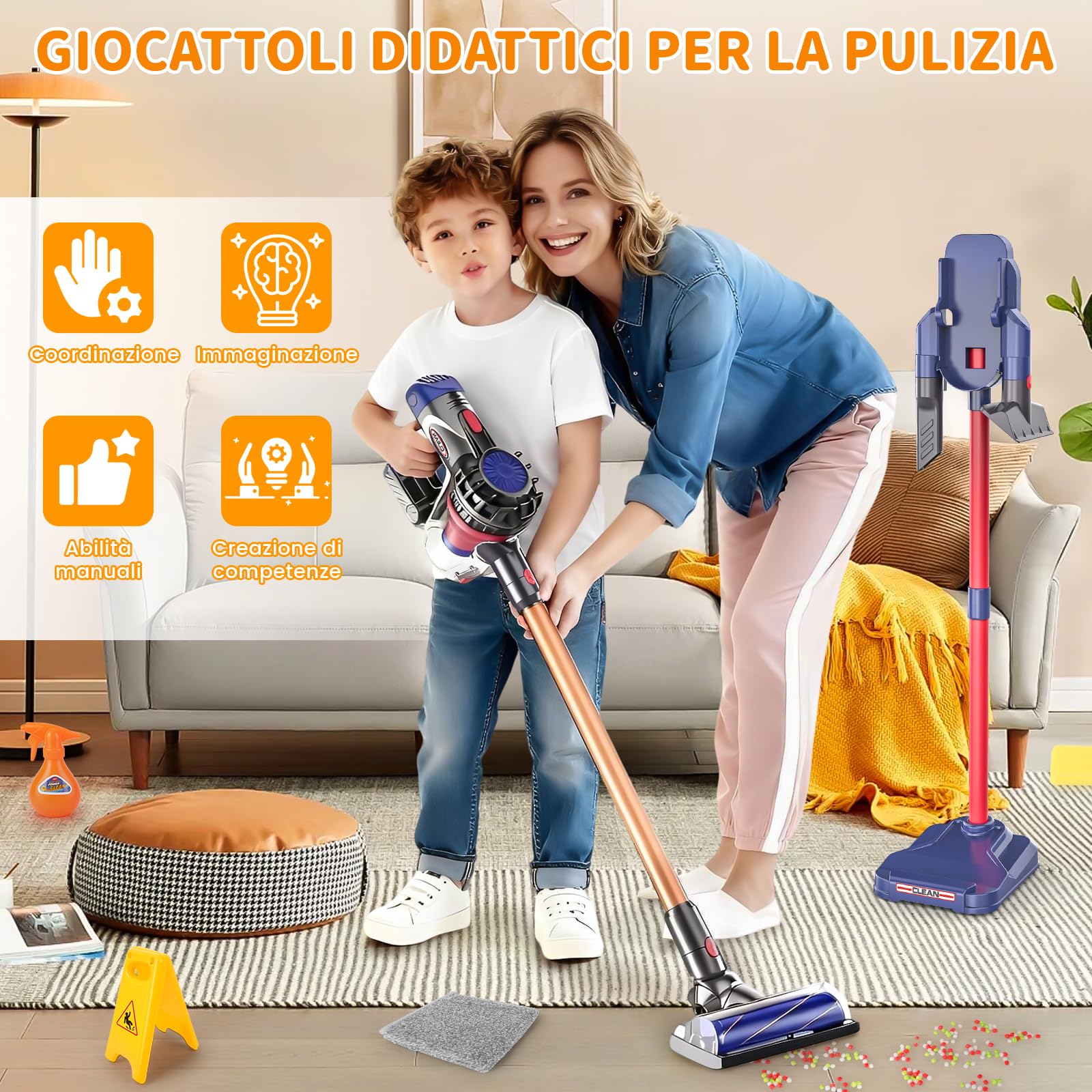 Aspirapolvere Giocattolo Bambini, 3-in-1 Aspirapolvere Giocattolo Funzionante Set Pulizia Giocattolo Regali per Bambini e Bambine dai 3 ai 6 Anni (Modello Avanzato)