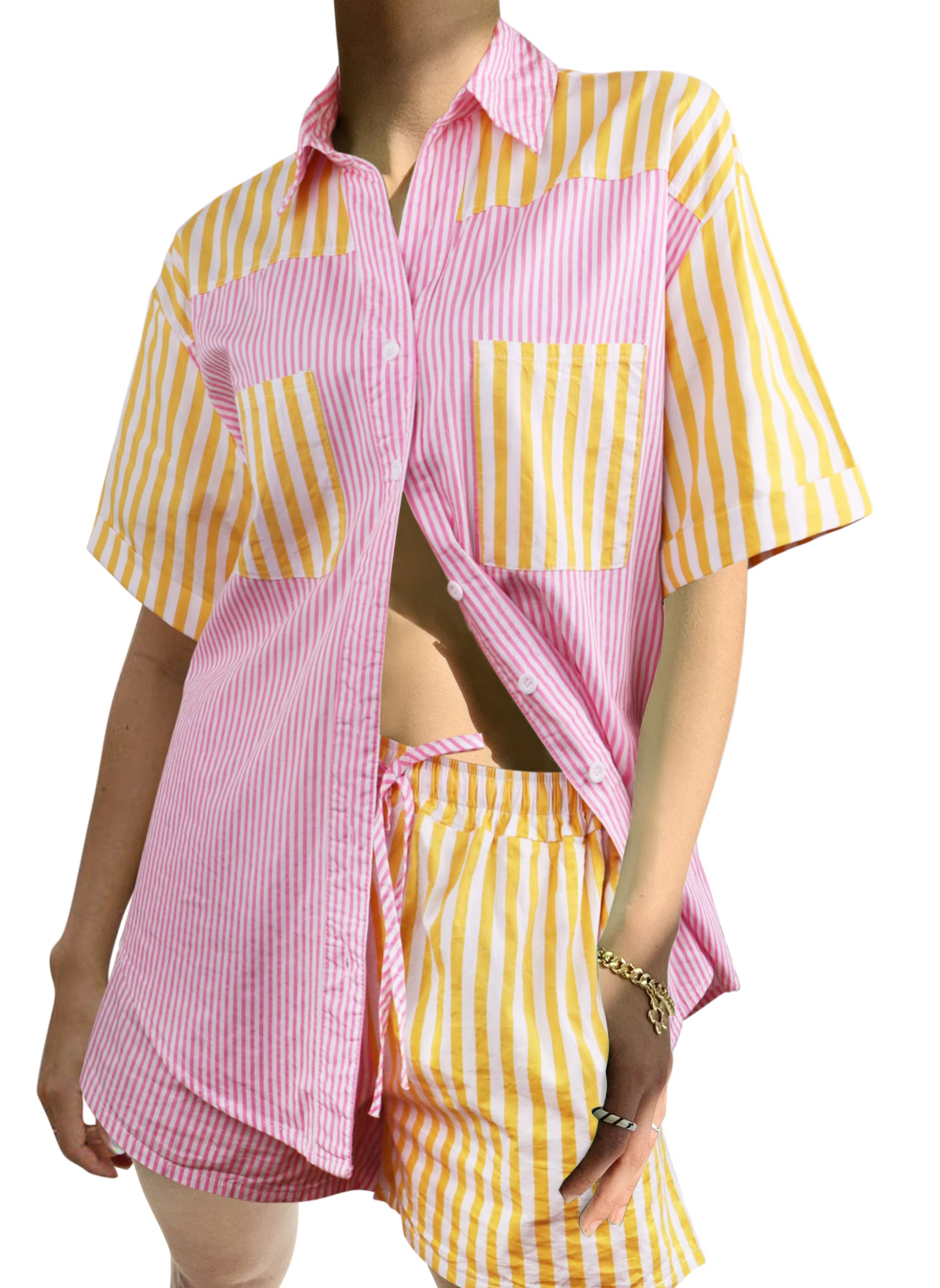 SAFRISIORWomen’s 2 Piece Casual Tracksuit Outfit Sets Stripe Long Sleeve Shirt And Loose High Waisted Mini Shorts Set