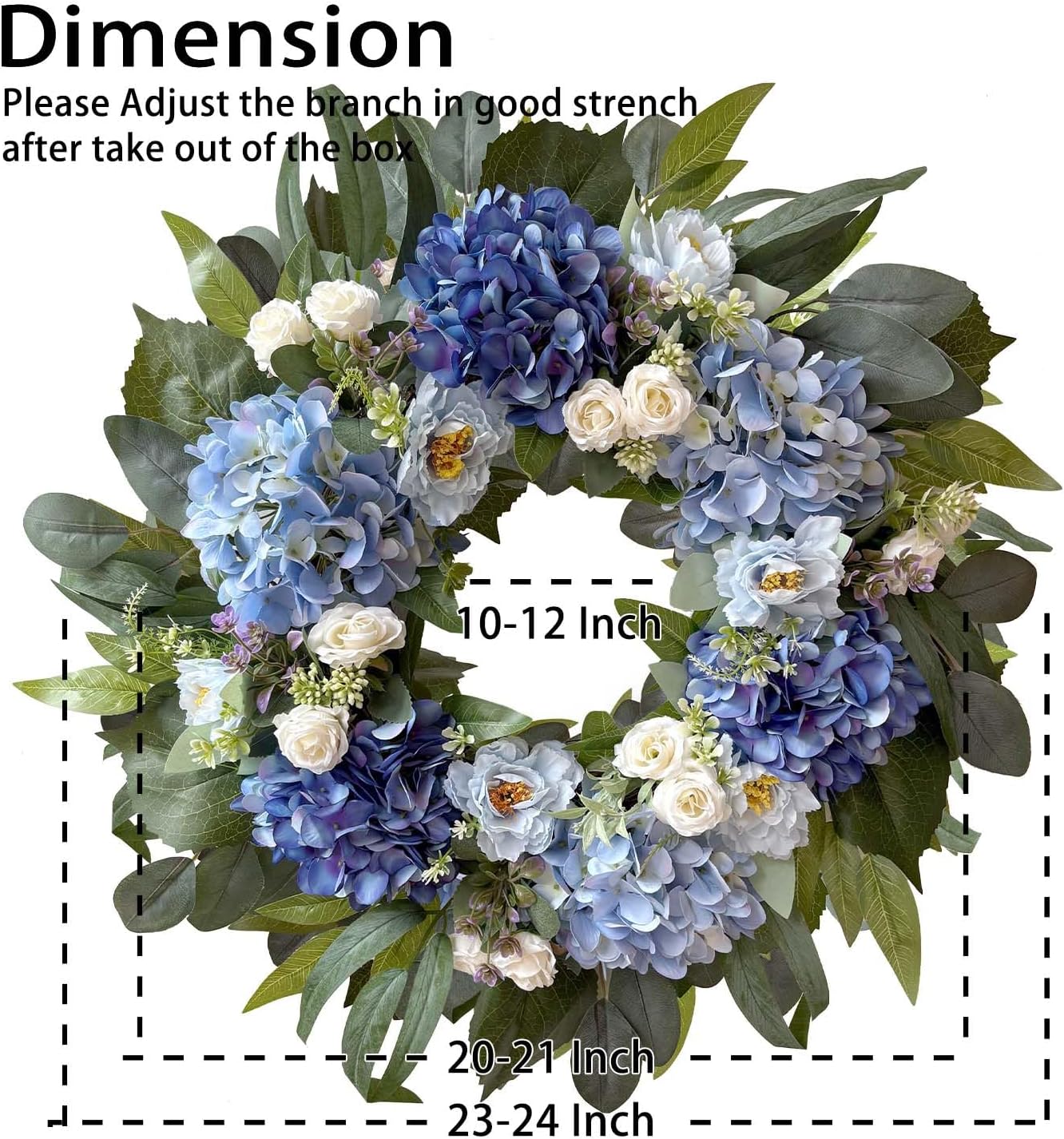 WANNA-CUL 24 Inch Spring Blue Hydrangea Wreaths for Front Door,Spring Door Wreath with Blue White Rose and Peony Flower for Wedding or Indoor&Outdoor Wreath Decoration