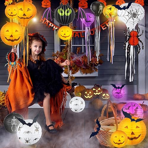Miniatura 6 de 48 linternas de papel de decoración de Halloween, faroles de papel de esqueleto de calabaza, calcomanías de pared de murciélago 3D, arañas para