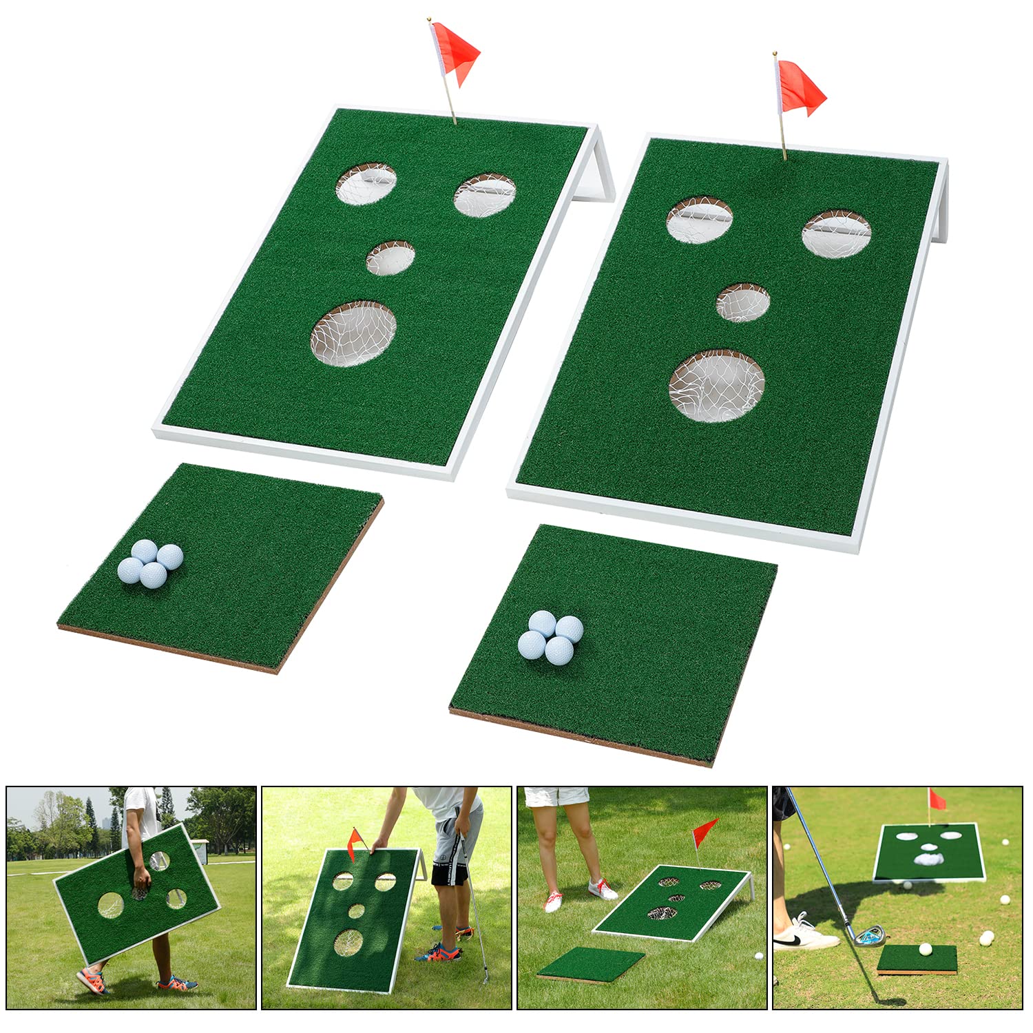 OOFITGolf Cornhole Game Set Combined Pong Game, Chipping Yard Game Boards with Chipping Mats & Golf Balls for Tailgate, for Family, Golfer and Friends