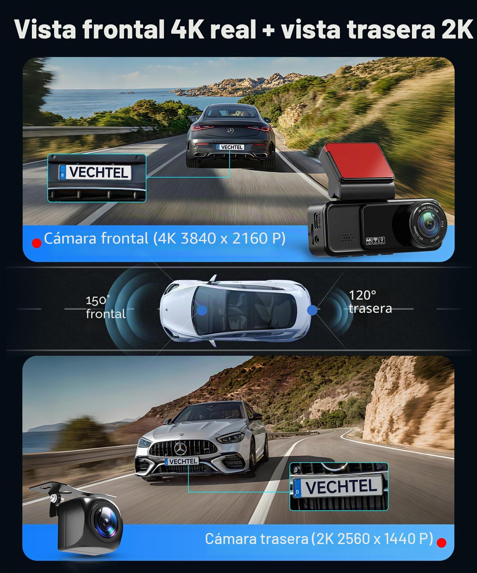 VECHTEL 4K+2K Dashcam Coche Delantera y Trasera con WiFi 5G, 2*Cámara de Coche 1080P, Pantalla IPS de 3.16 Pulgadas, Monitoreo de Estacionamiento 24H, Visión Nocturna, Sensor G, con Tarjeta de 64GB