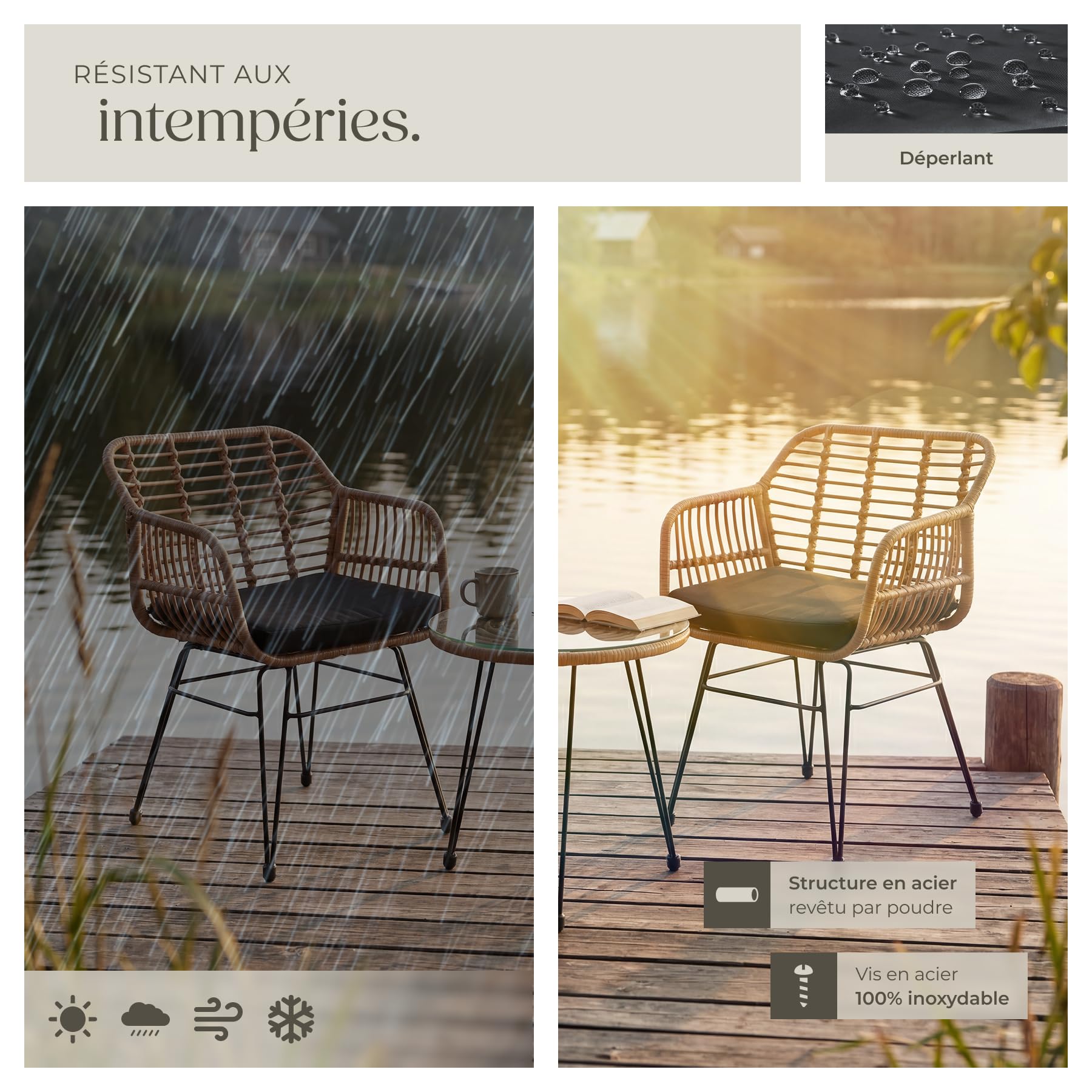 tectake® Salon de Jardin Extérieur en Poly Rotin Set de 3 pcs, Ensemble 2 Fauteuils Salon et Table de Jardin avec Plateau en Verre de sécurité, Coussins Amovibles Inclus, Amenagement Balcon Terrasse