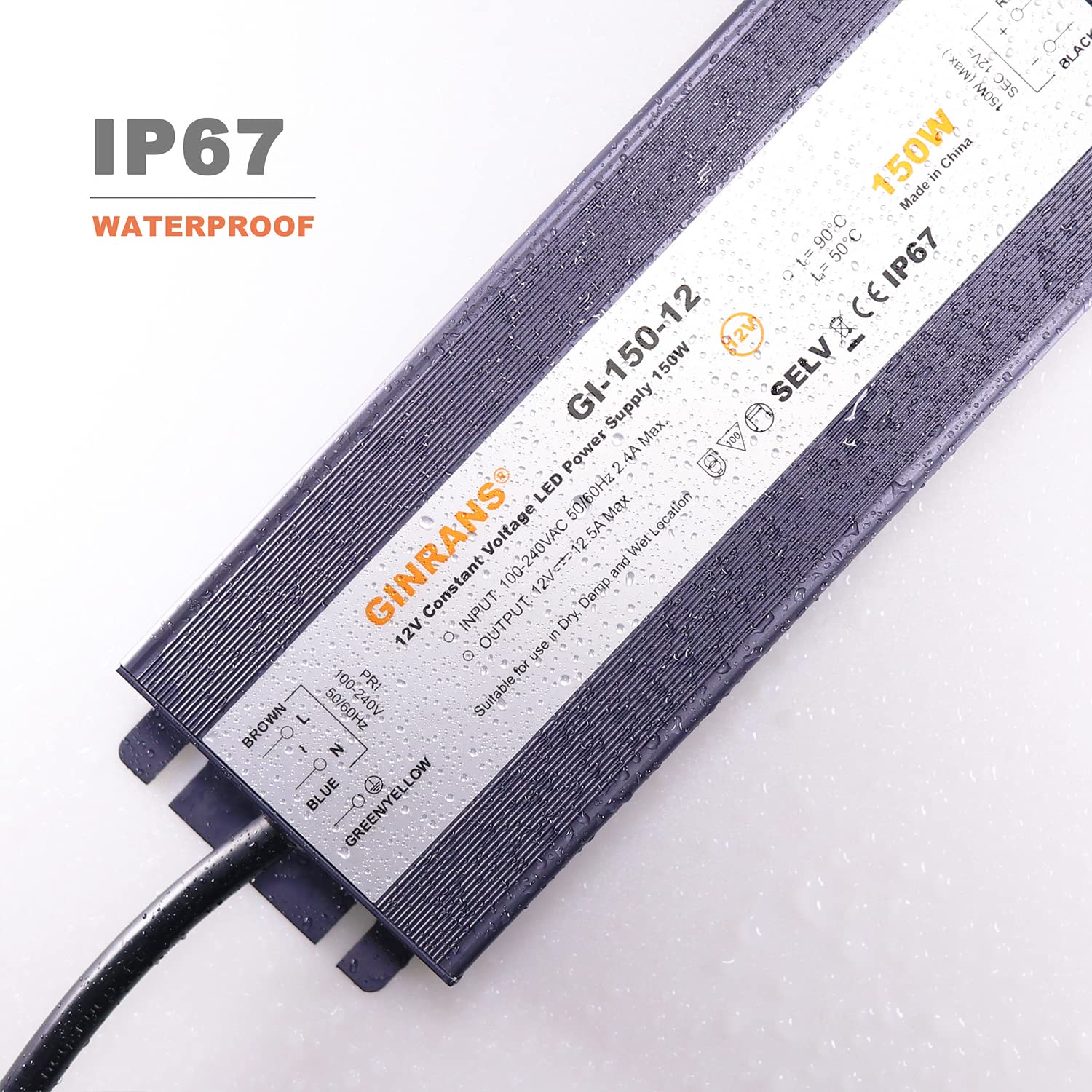 Transformateur d'alimentation LED à tension constante étanche IP67 150 W 100-240 V CA entrée universelle avec fiche sortie 12 V CC 12,5 A max. pour éclairage extérieur LED