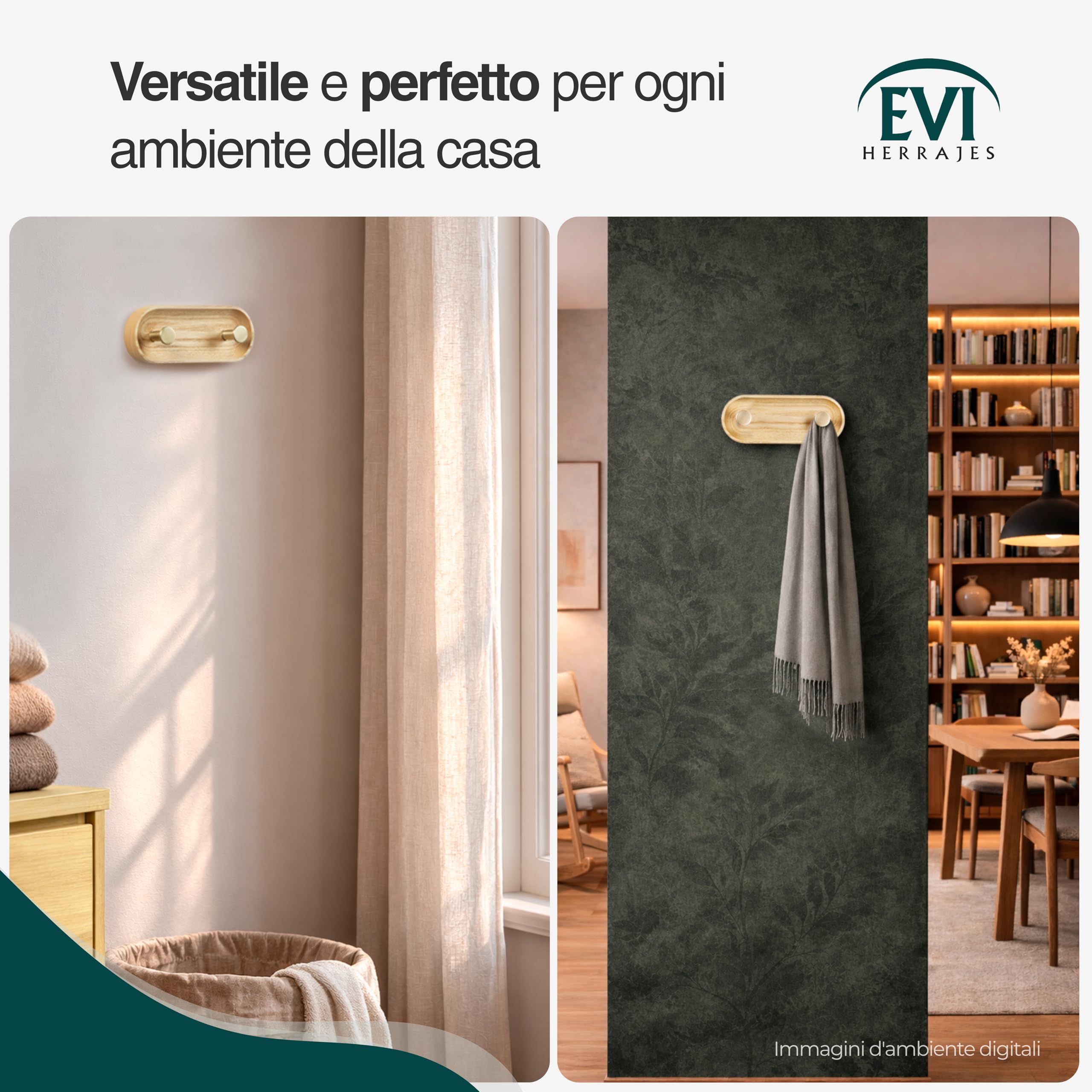 EVI Herrajes | Appendiabiti da parete a 2 ganci | Legno massello di frassino | Ganci in ottone satinato | Kit di montaggio incluso | Mod. Cova 2CFRLMT