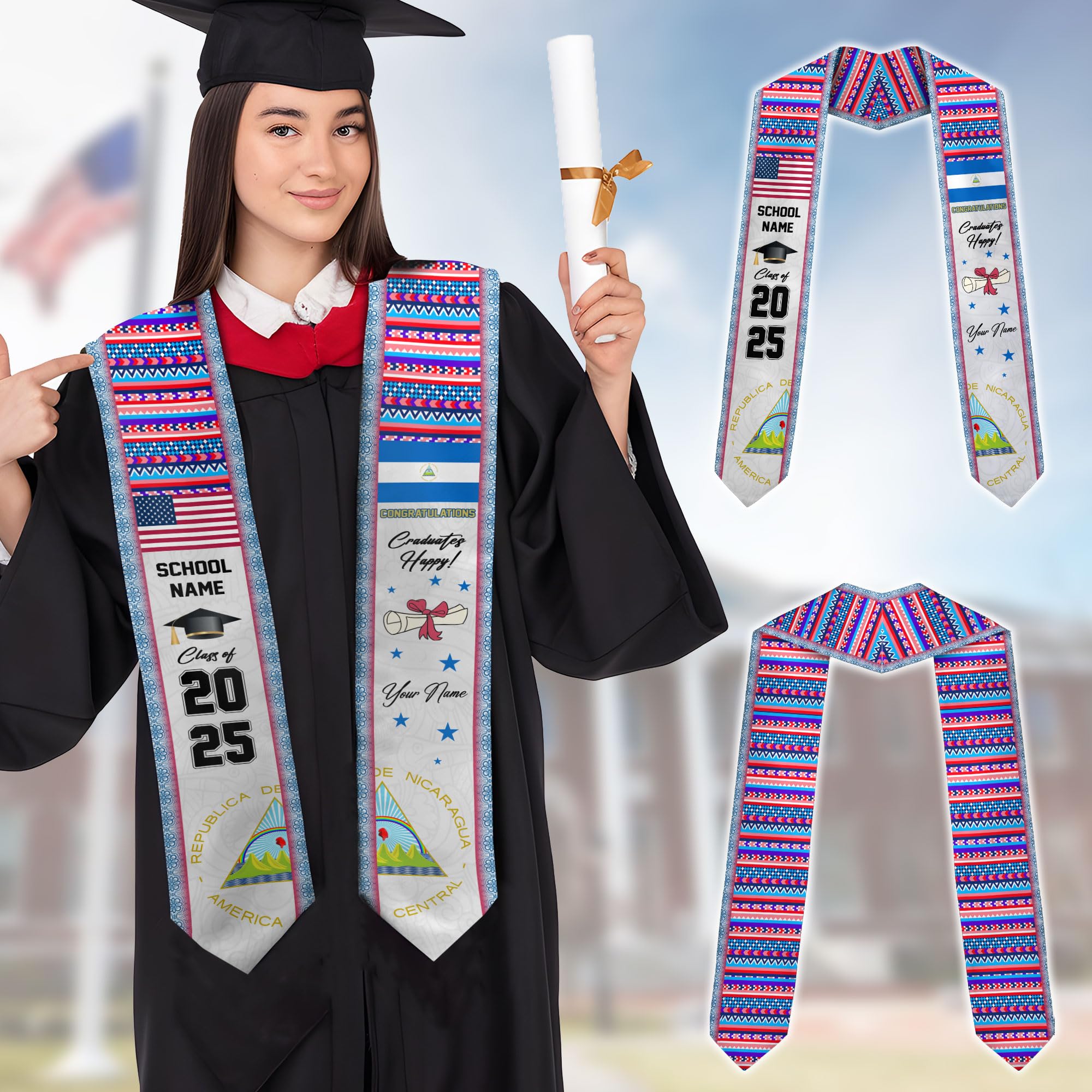 MonkeyVan Custom Nicaraguans Graduation Sash 2025, Nicaragua Graduation Stole, Nicaraguans American Flag Graduation Sash 2025 Ncrg 3