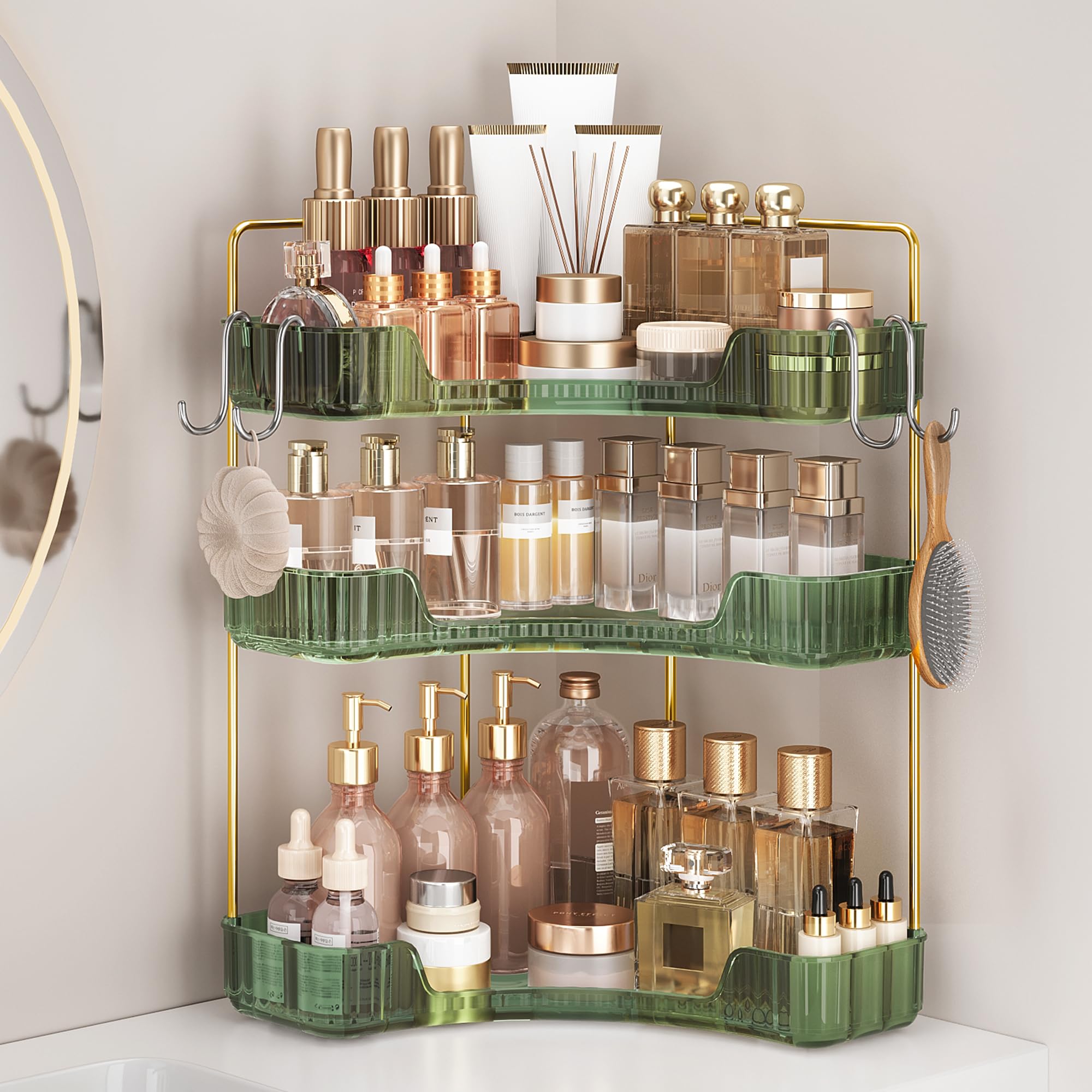 3-Tier Green Corner Organizer, PET Counter Storage with Hooks