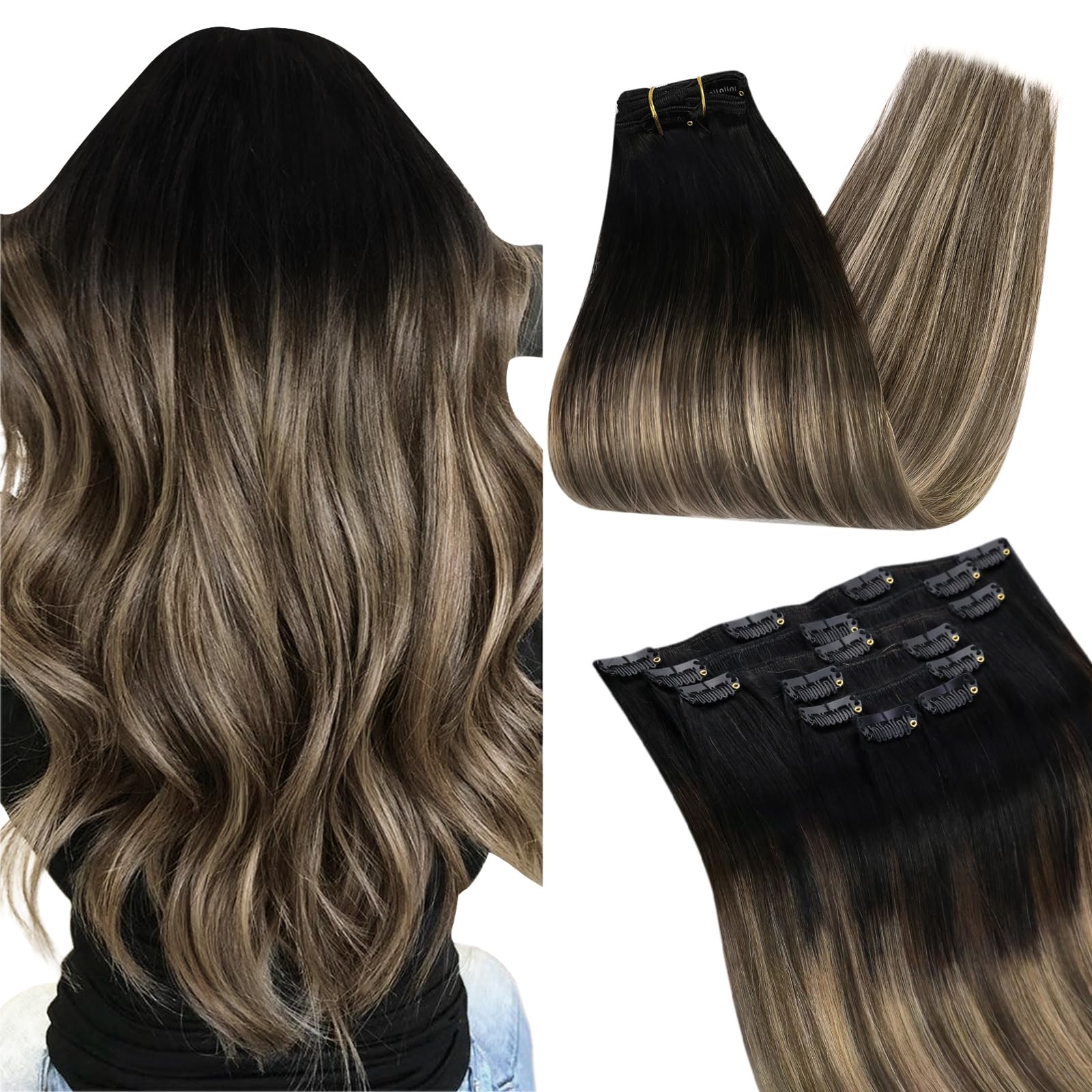 Ugeat Przedłużanie Włosów Clip in, Włosy Ludzkie, Balayage Naturalna Czerń do Crązu, 55 cm 7 sztuk 120g, Włosy Clip in Extensions Blond, Remy Naturalne Proste