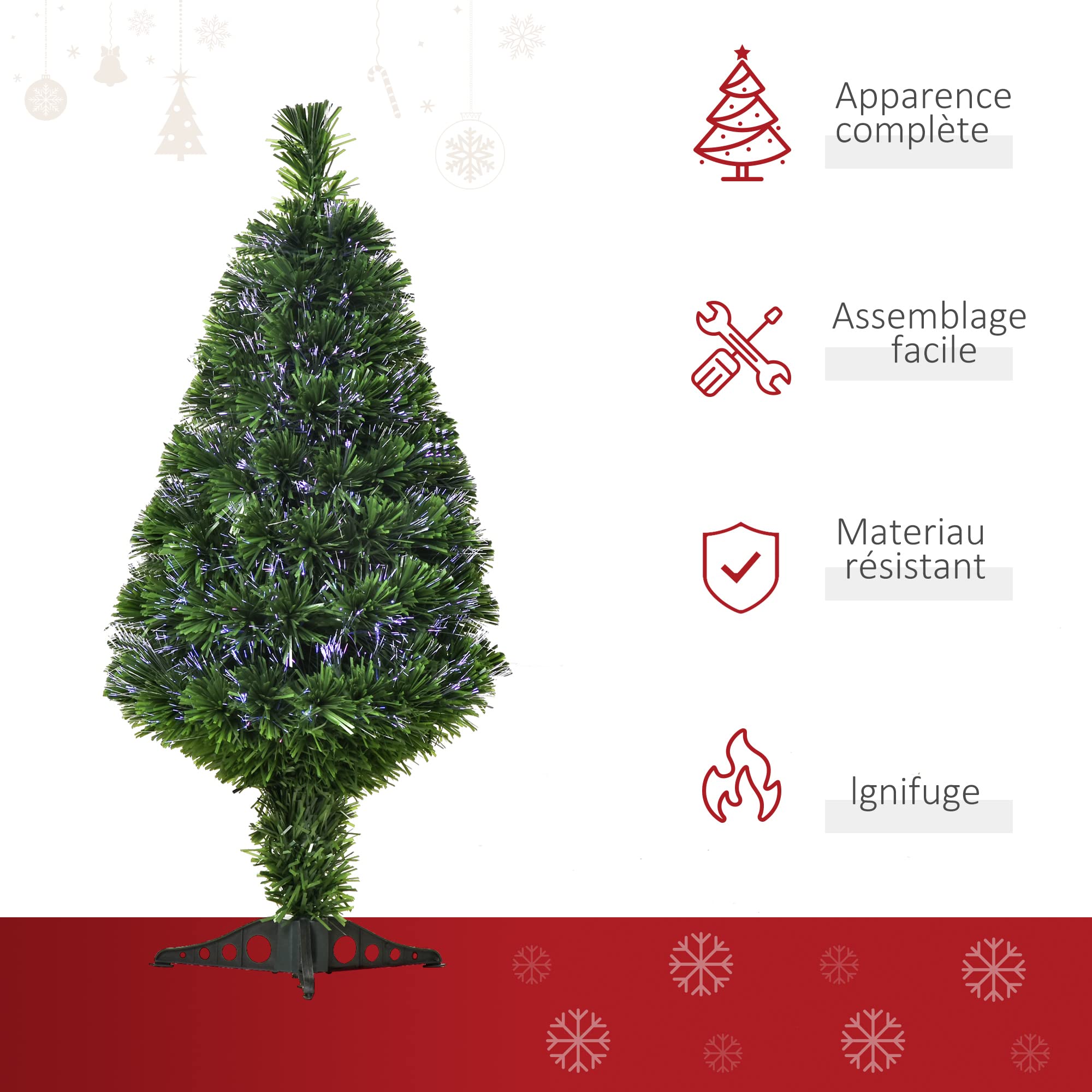 HOMCOM Sapin de Noël Artificiel Lumineux 90H cm Fibre Optique Multicolore + Support Pied 90 Branches Vert