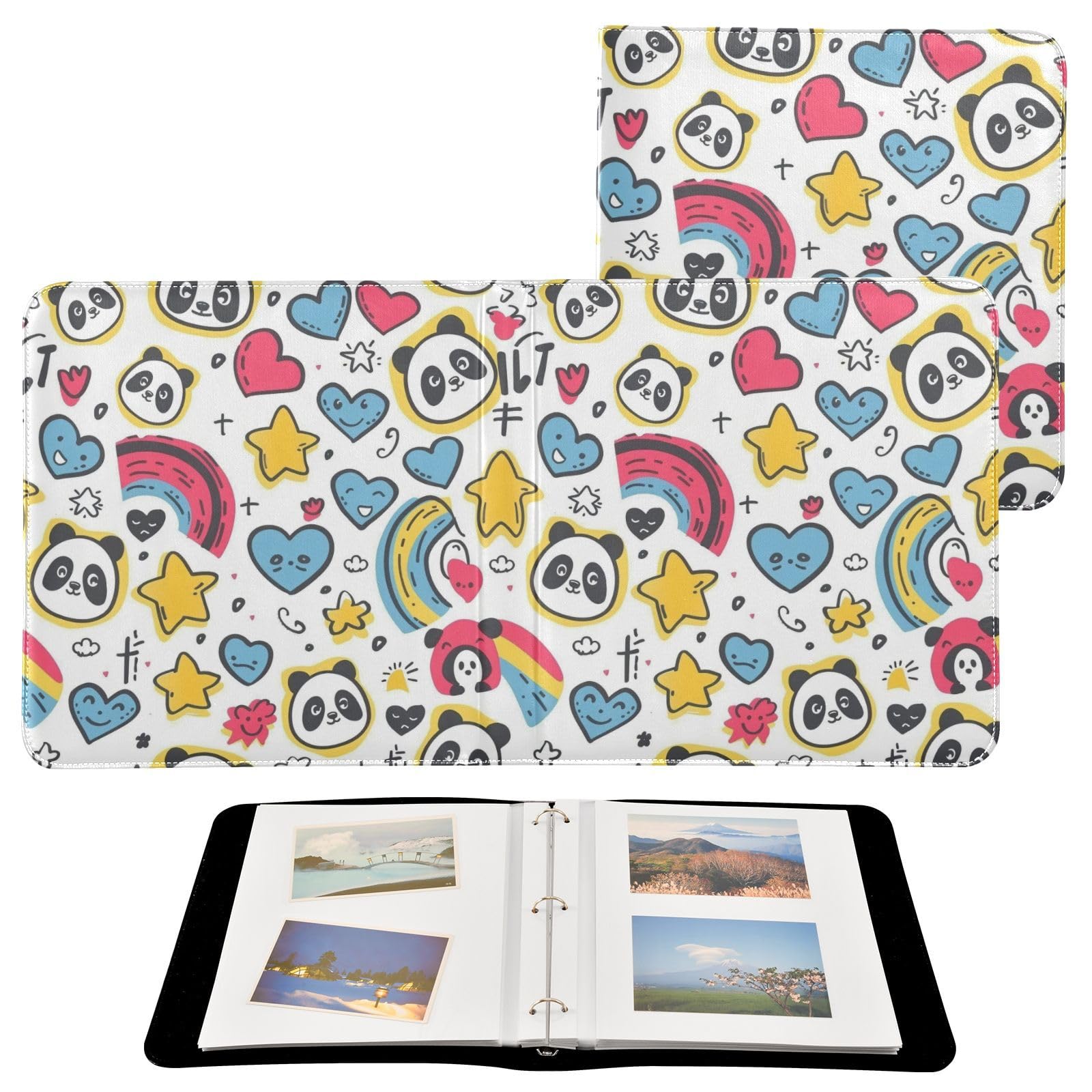 JIPONI Cute Panda Large Photo Album, DIY Leather Cover Scrapbook Albums for 4x6 5x7 6x8 Pictures, Self Adhesive Memory Book for Wedding, Baby, Family