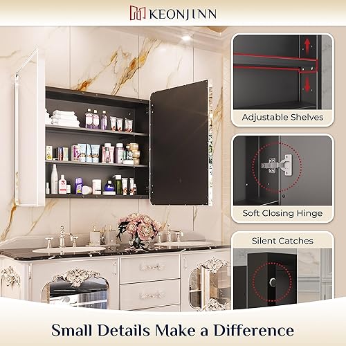 Miniatura 6 de Keonjinn Armarios de medicina de baño cromados de 40 x 32 pulgadas con espejo, estantes ajustables, acero inoxidable, 2 puertas, bisagra de cierre