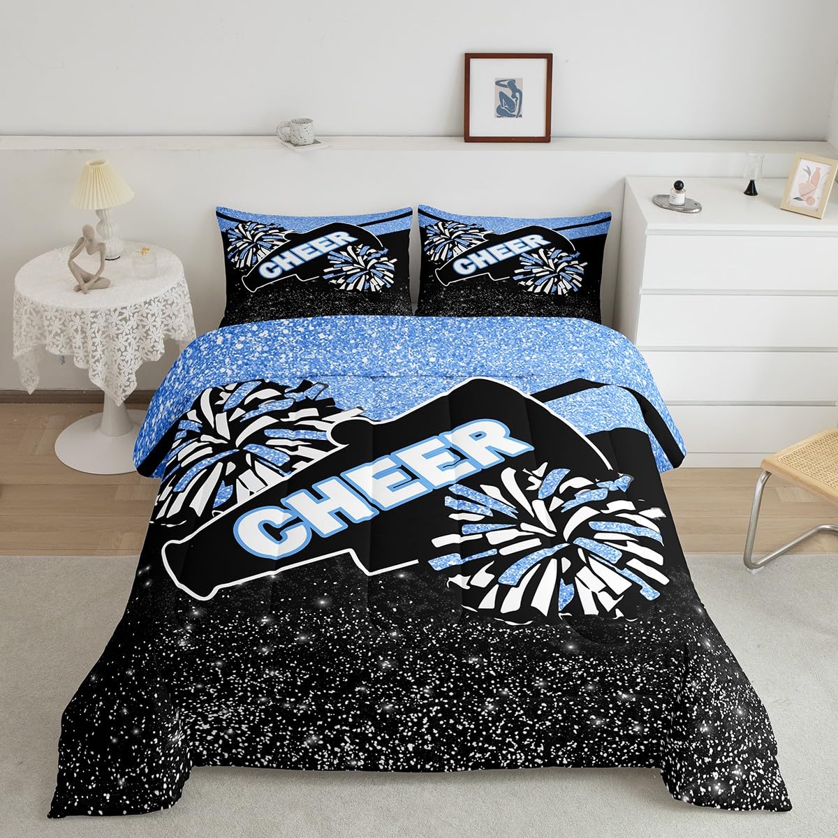 Feelyou Glitter Cheer Comforter Set Toddler Size Blue Dreamy Girly Gymnastic Sports Comforter for Kids Boys Girls Gymnastics Lovers Bedding Set Cheer Sports Glitter Duvet Set Room Decor Quilt