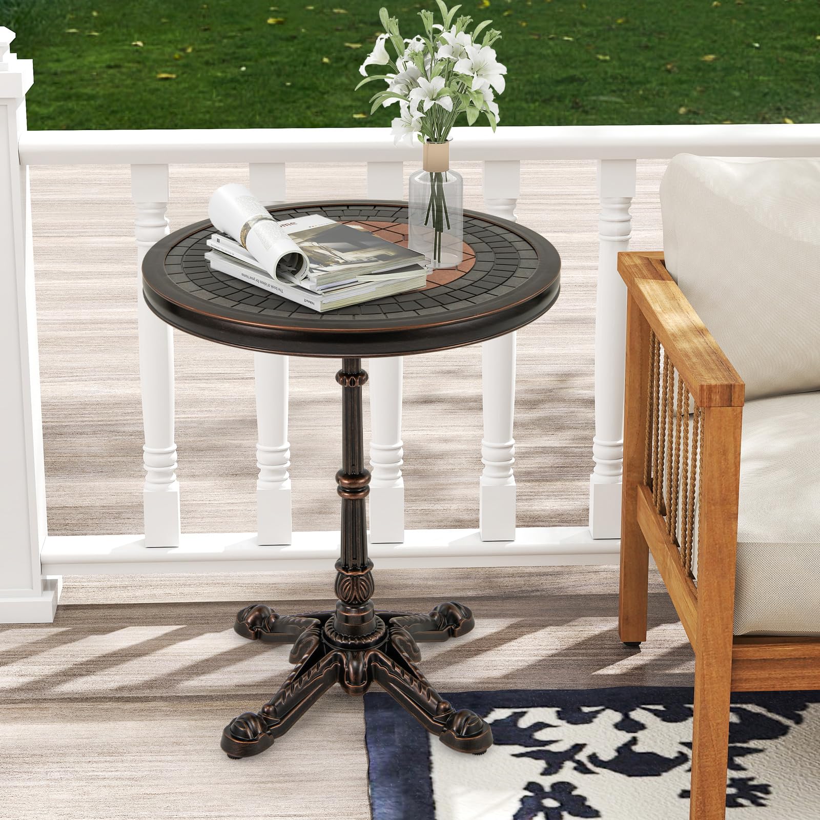 GIANTEX Gartentisch, φ60,5cm Beistelltisch Outdoor, Balkontisch mit Bemalter Tischplatte & Kreuzförmigem Sockel, wetterfester Bistrotisch für Wohnzimmer, Hinterhof, Garten