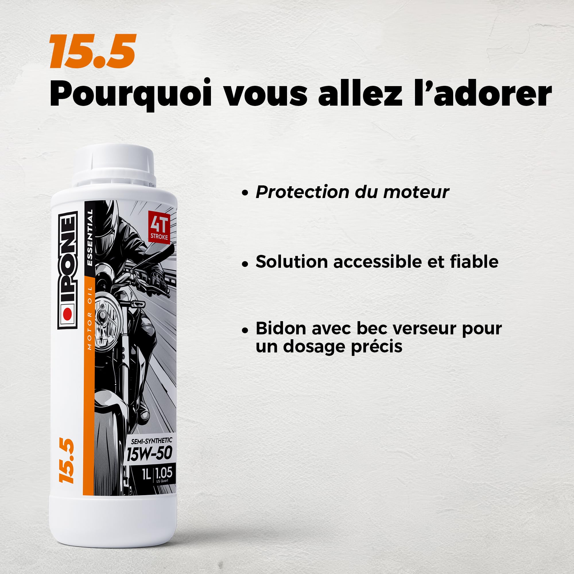 IPONE – Huile Moteur Moto 4 Temps 10W40 10.4 – Bidon 4 Litres - Semi-Synthétique - Gamme Essential - Protection efficace du moteur - Fiable et accessible - Usage de la moto régulier