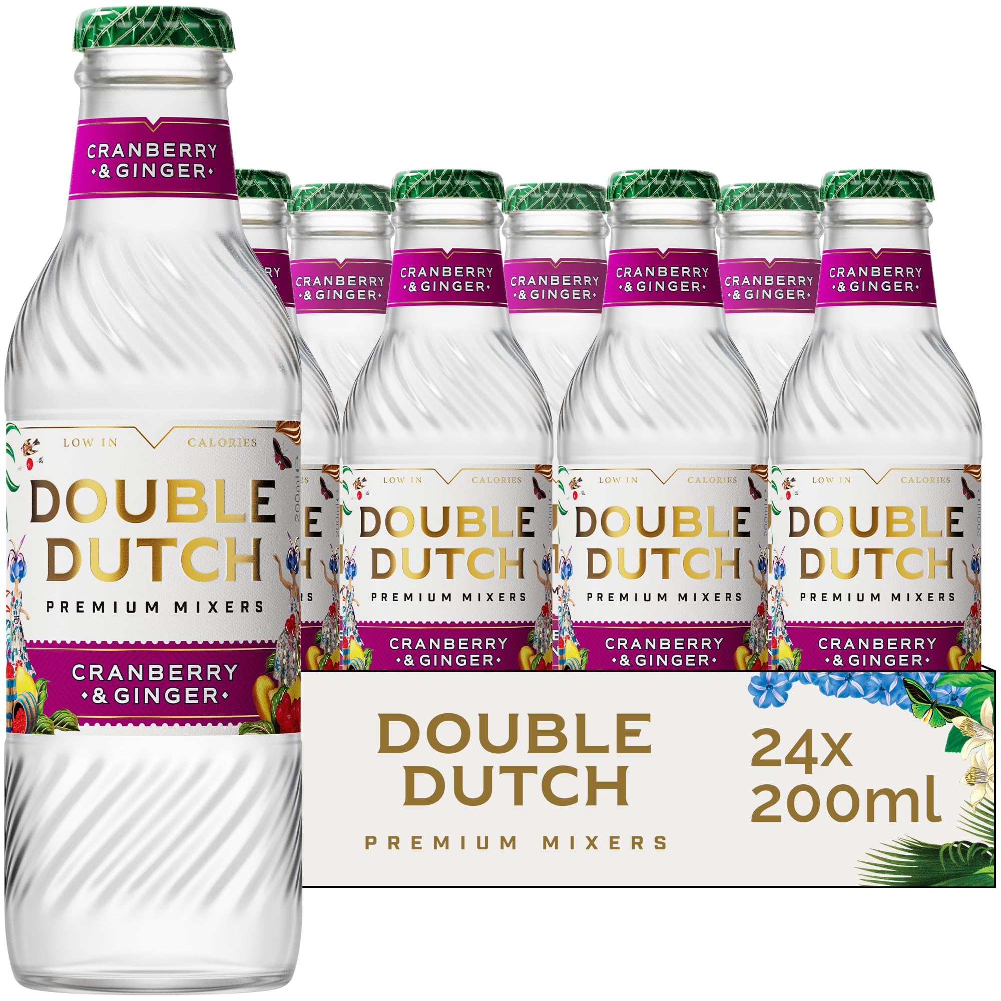 Double Dutch Cranberry and Ginger Tonic Water | Low Calorie Tonic Water | 100% Natural Ingredients | Gluten Free, Vegan Friendly Premium Mixer Perfect For Gin, Vodka & Cocktails | 24 x 200ml Bottles