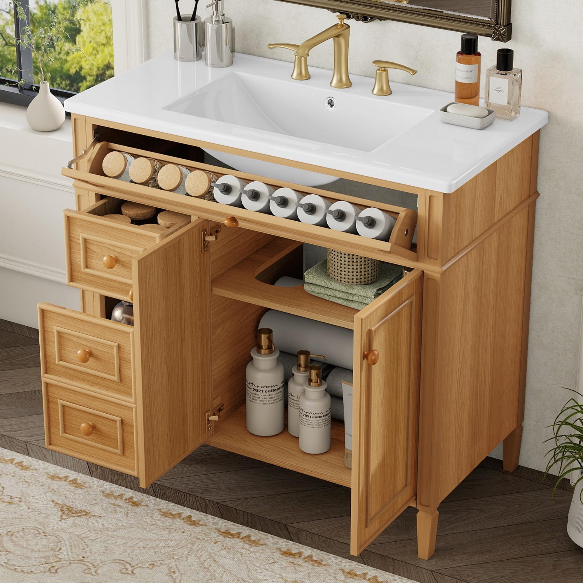 harper & bright designs 36" bathroom vanity with sink, free standing single basin vanity set with tip-out drawer, 2 drawers, and 2 doors, wood bathroom cabinet with ceramic basin for bathroom, wood