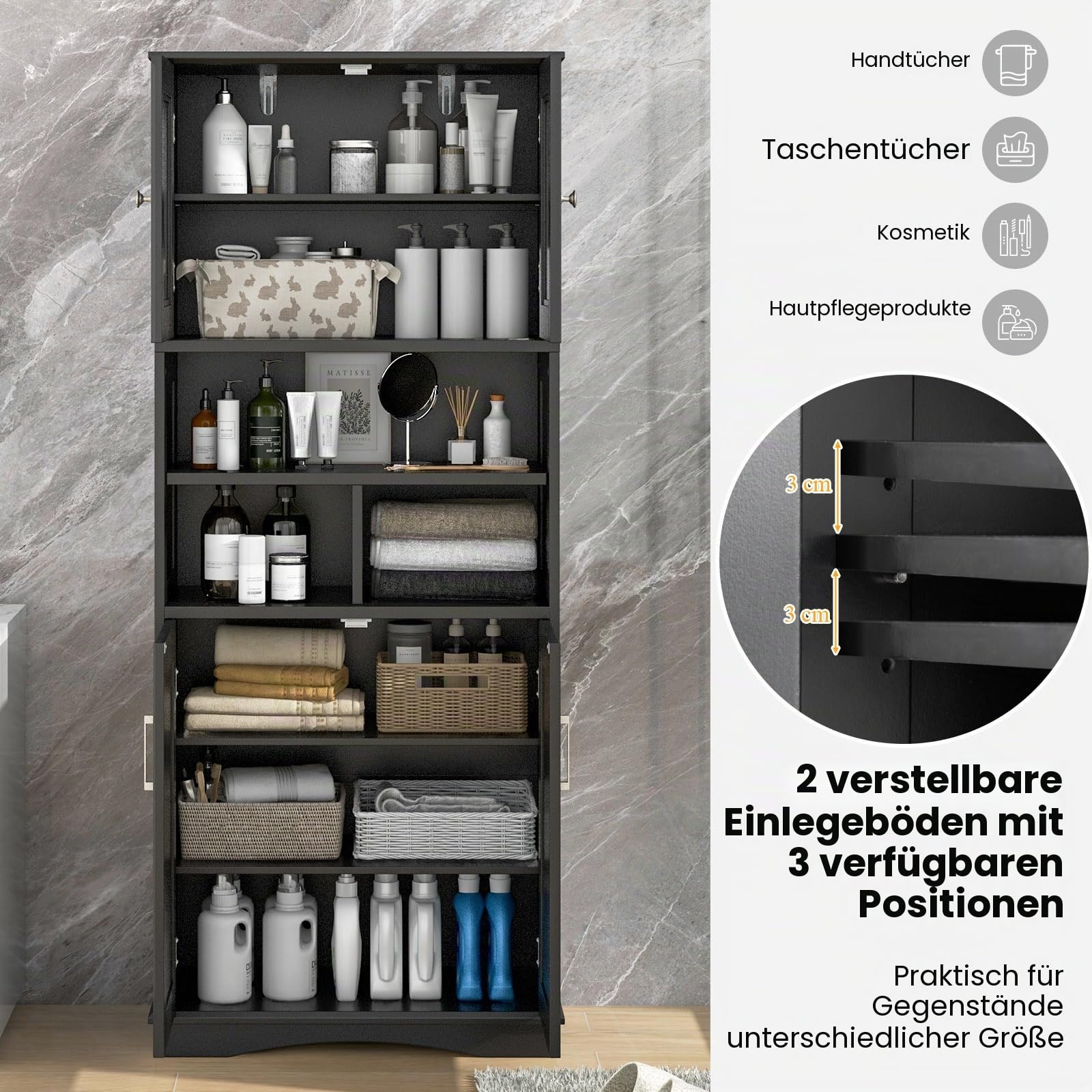 LIFEZEAL Badezimmerschrank Hoch, Freistehender Badschrank mit 4 Türen, Hochschrank mit verstellbaren Regalen, Küchenschrank Organizer für Küche, Bad, Wohnzimmer, 60 x 30 x 145 cm (Schwarz)