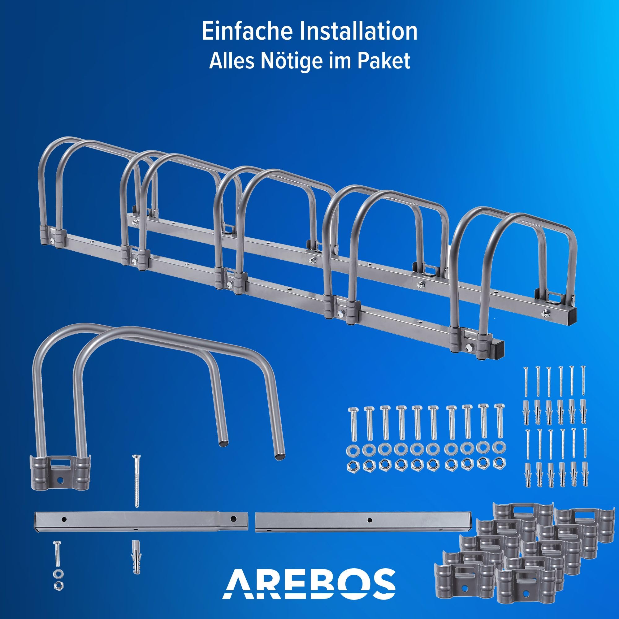 Arebos Fahrradständer für 5 Fahrräder | Mehrfachständer mit 21cm Radabstand | Fahrradhalter für 35-60 mm Reifenbreite | Radständer 130 x 30 x 26 cm | Boden- oder Wandmontage | Aufstellständer Silber