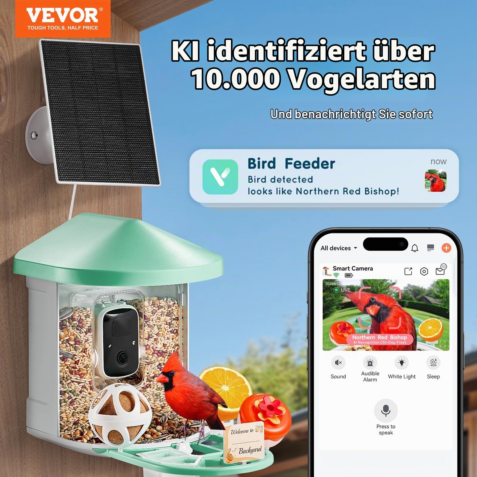 VEVOR Vogelfutterhaus mit Kamera 2K HD KI Vogelerkennung über 10.000 Vogelarten solarbetriebene Vogelbeobachtungskamera mit automatischer Aufnahme und sofortiger Benachrichtigung (1 Solarmodule) Grün
