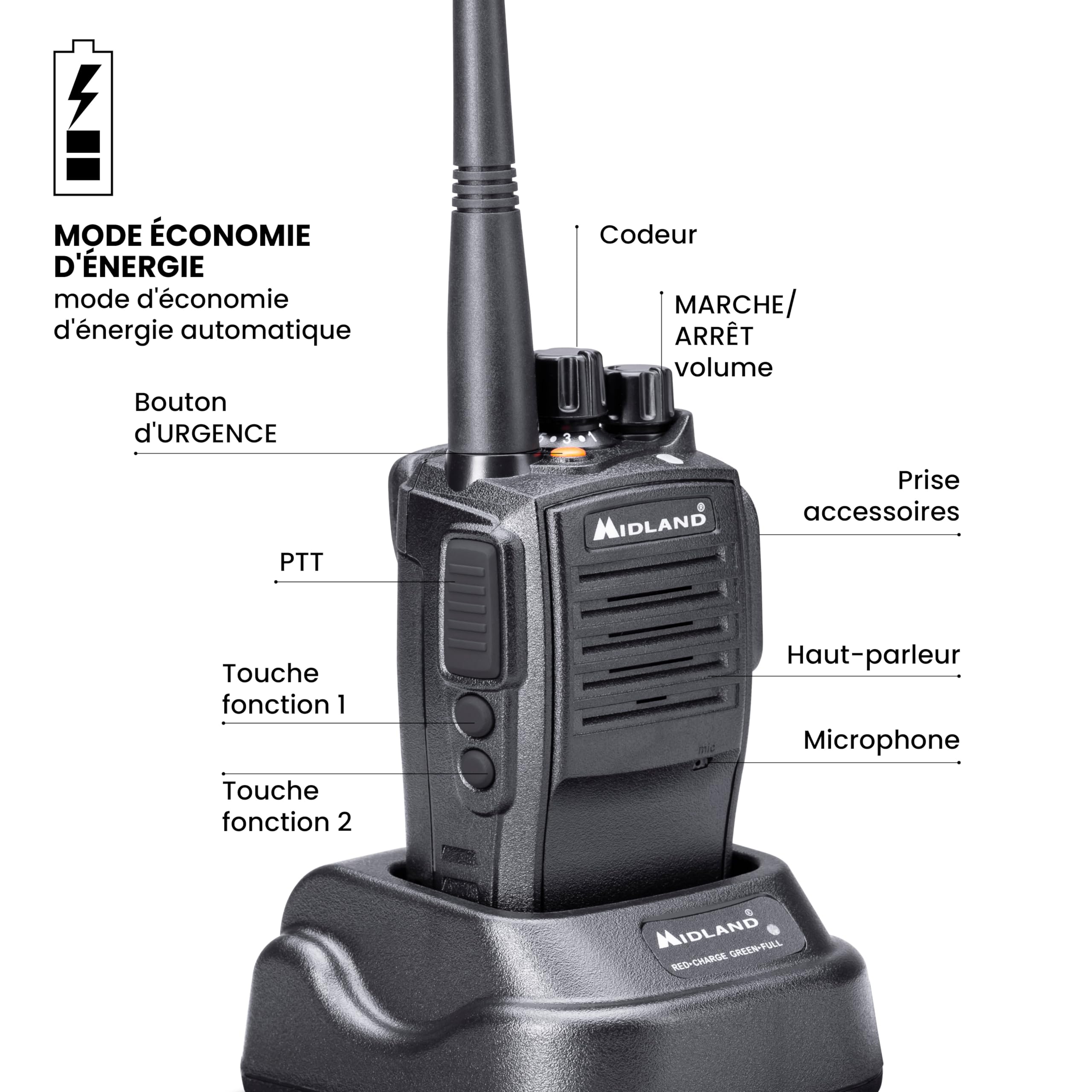 Midland G15 Pro Noise Cancelling C1127.04 - Talkie Walkie PMR 446, Fonction réduction de Bruit, IP67, 32 Canaux, Autonomie 22H, Portée Max de 12km