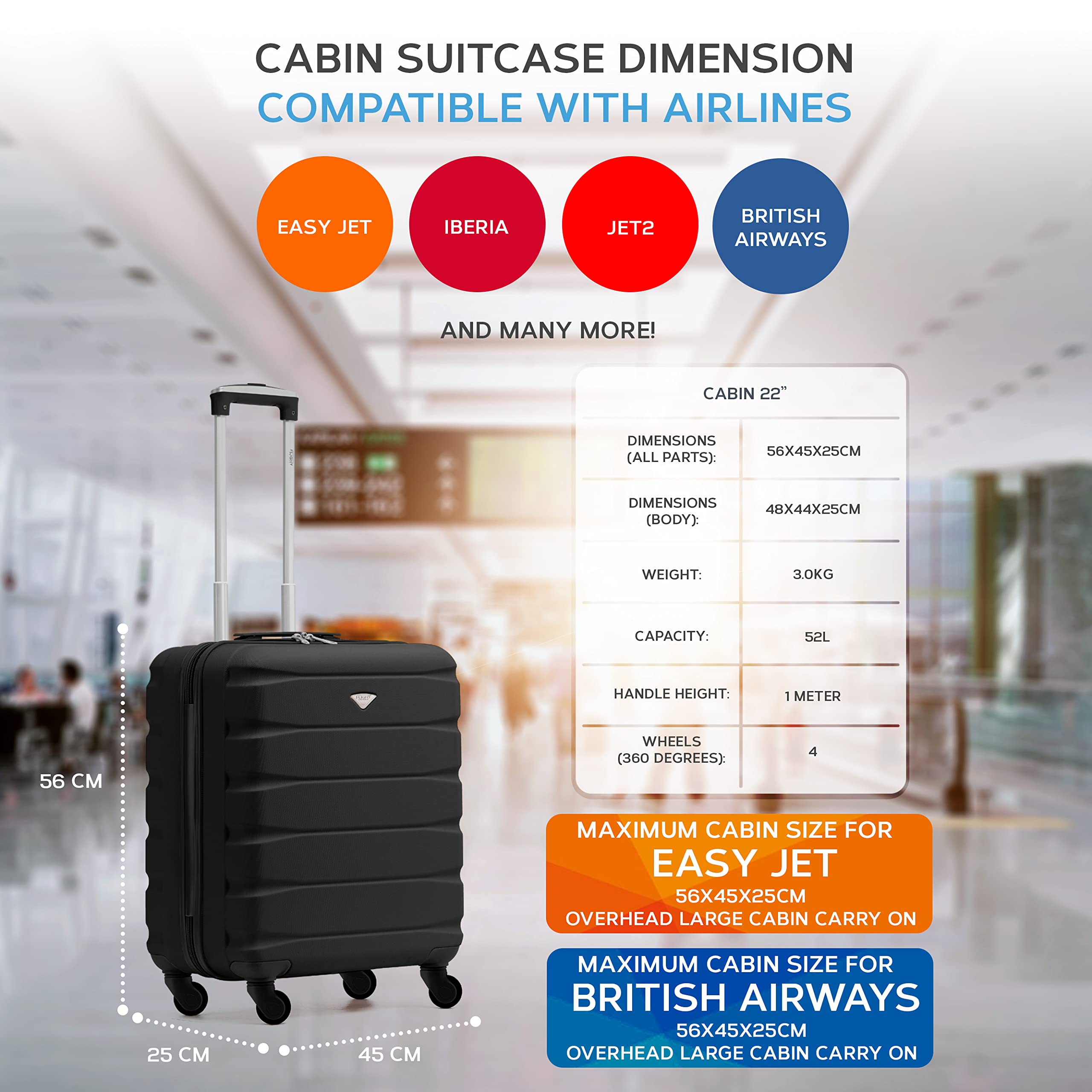 Flight Knight Set of 2 Lightweight 4 Wheel ABS Hard Case Suitcases Cabin Carry On Hand Luggage Approved for Airlines Including British Airways & Maximum Size for easyJet Large Cabin Bag 56x45x25cm