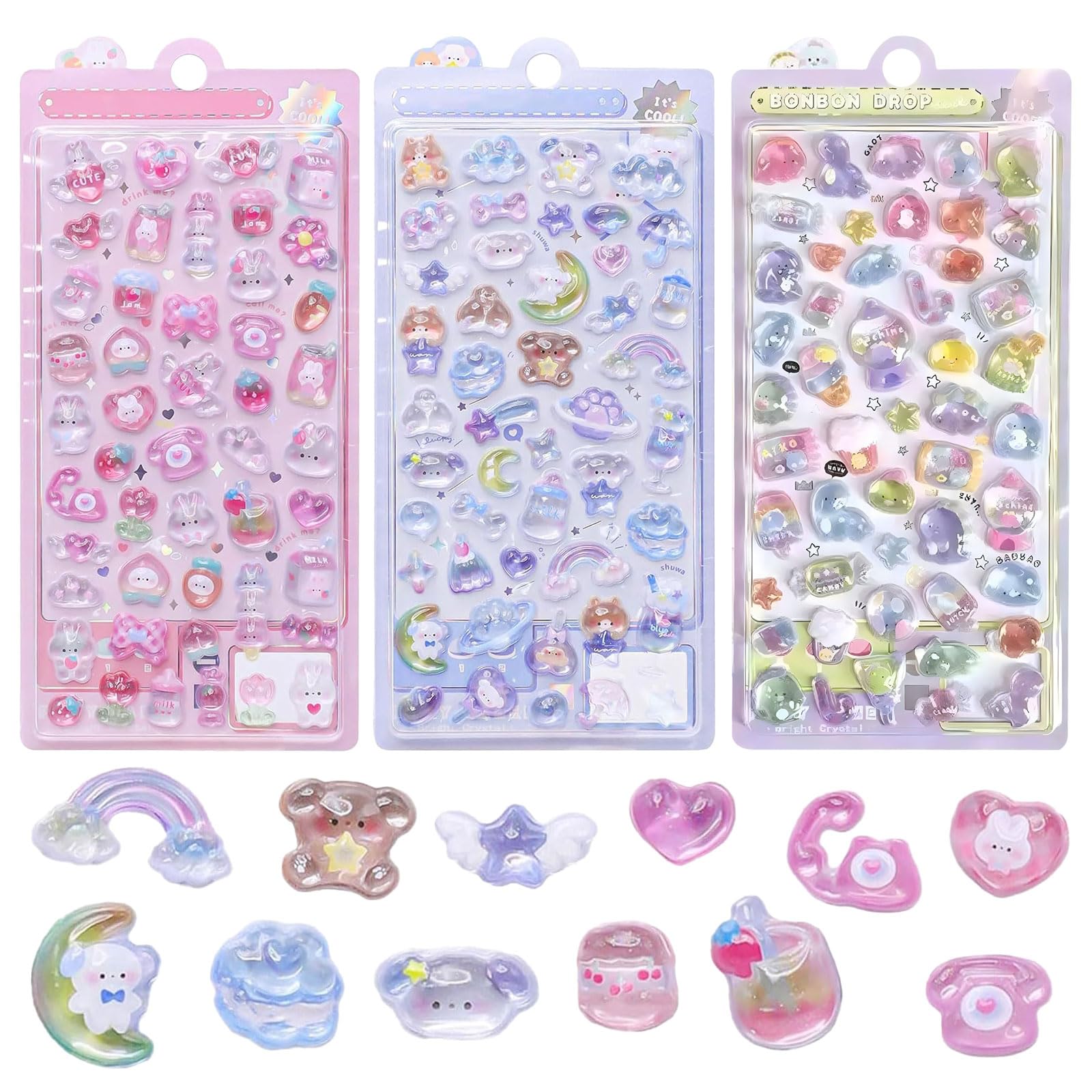 3D Puffy Sticker Sheets, Set of 3 Adorable Pink Bunny & Puppy & Dinosaur Designs, Thick Decals for Scrapbooks Journals