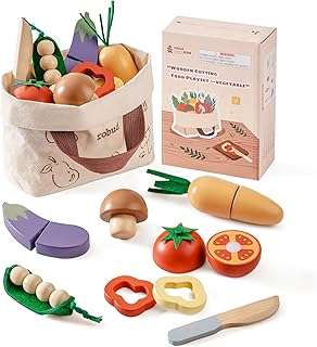 ROBUD Wooden Toy Food Set, Vegetable Cutting Children's Kitchen Accessories, Play Food for Children, Play Set with Storage Bag, Gifts for Children Toy from 3 Years, Vegetable Set