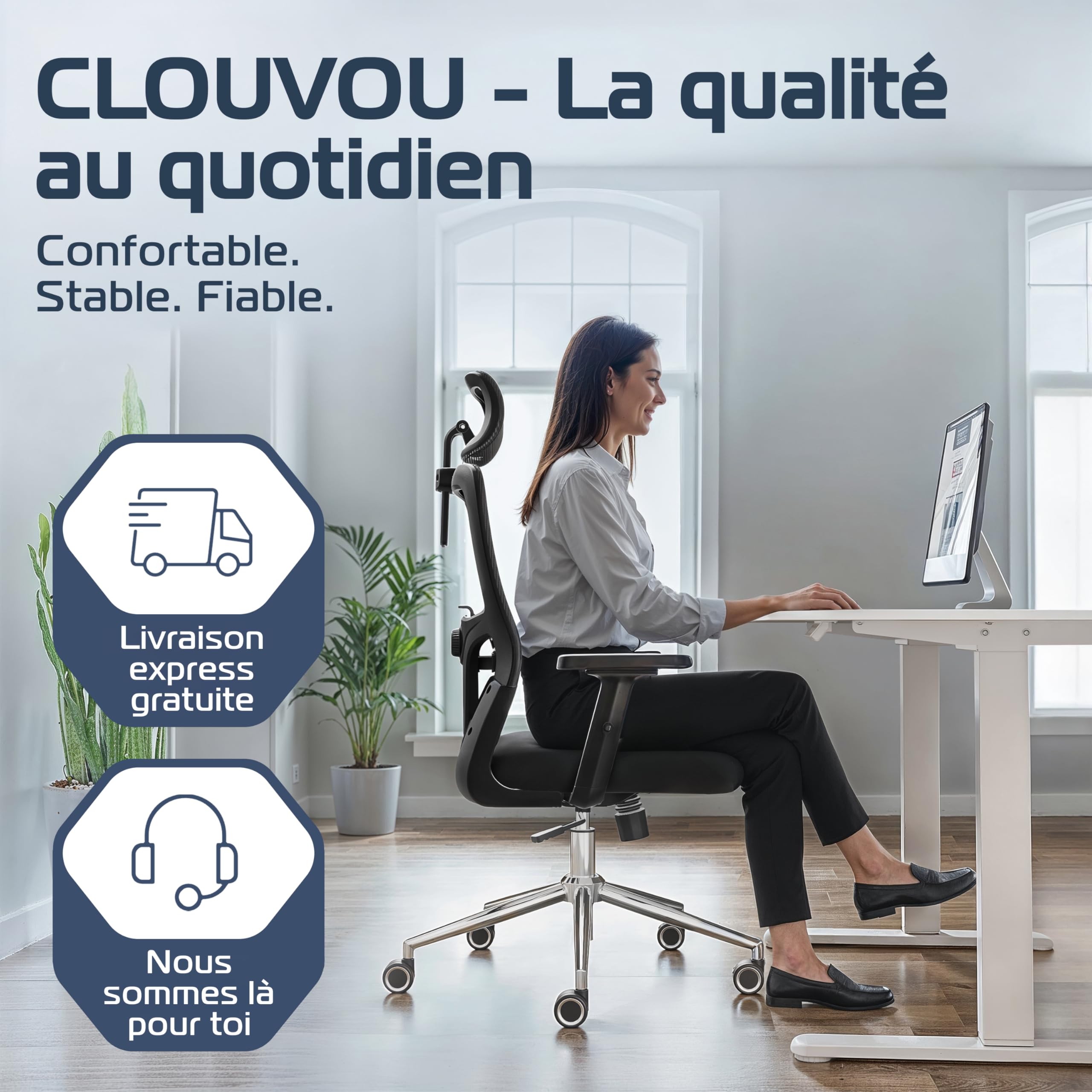 CLOUVOU Chaise Bureau Ergonomique BrightSeat [Élue N°1] Fauteuil de Bureau & Chaise Gaming | Charge maximale 150kg (Noir)