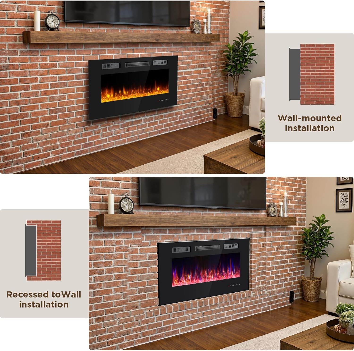 42 Inch Electric Fireplace with Crystal, Electric Fireplaces Insert, Wall Mounted/Recessed Fireplace with Remote Control, 12-Color Flame, Brightness & Speed