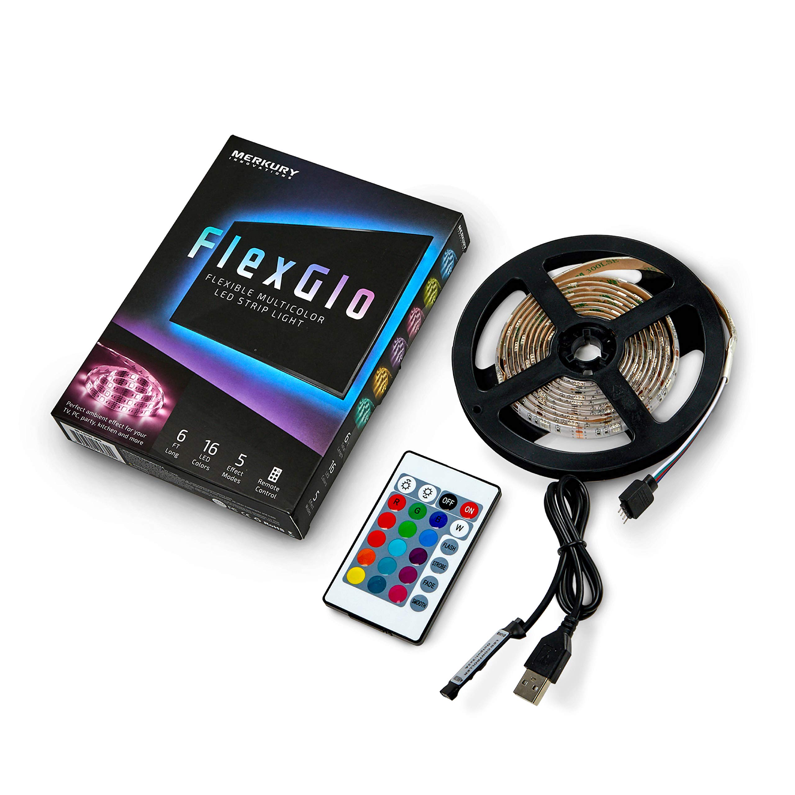 Merkury Innovations5050 RGB LED Strip Lights with Remote Control 6 Ft w/ 60 LED Lights LED Light Strip LED Rope Lights LED Tape Light Under Cabinet Lighting Lights for Bedroom TV Vanity