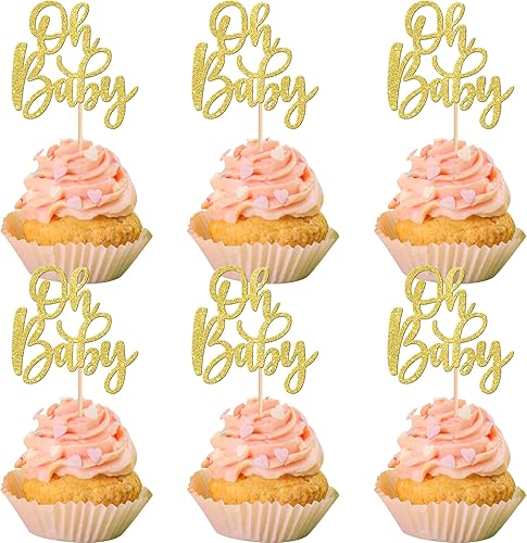 24 piezas Oh Baby Cupcake Toppers Glitter Baby Shower Cupcake Pick Oh Baby Cake Pick para baby shower, niños y niñas, fiesta de cumpleaños,