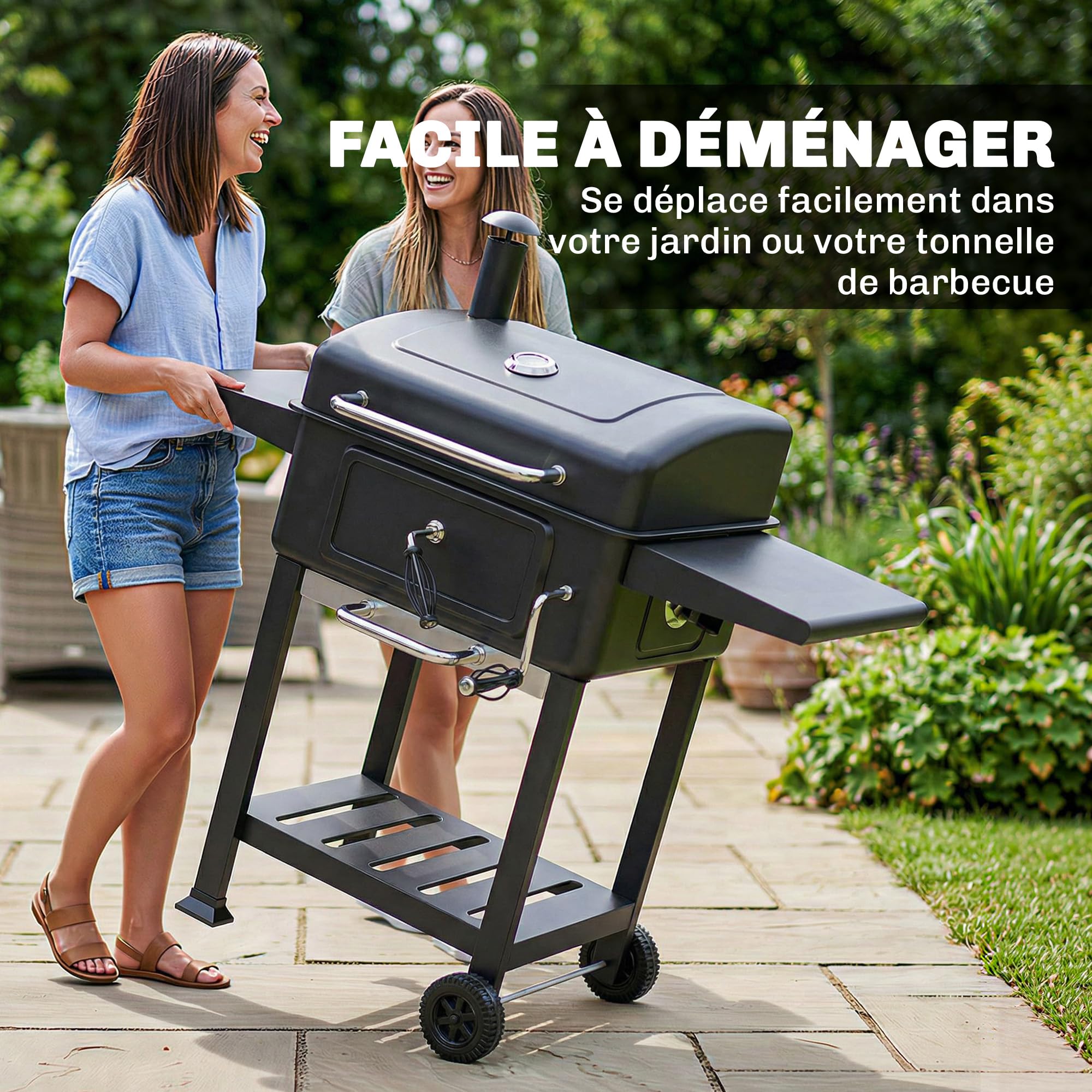 Outsunny Barbecue Charbon de Bois Bac à Charbon Réglable Fumoir Noir | Chariot Grill de Jardin, Grille de Maintien au Chaud, Tablettes Latérales, Cheminée, Aérations, Roues, Thermomètre