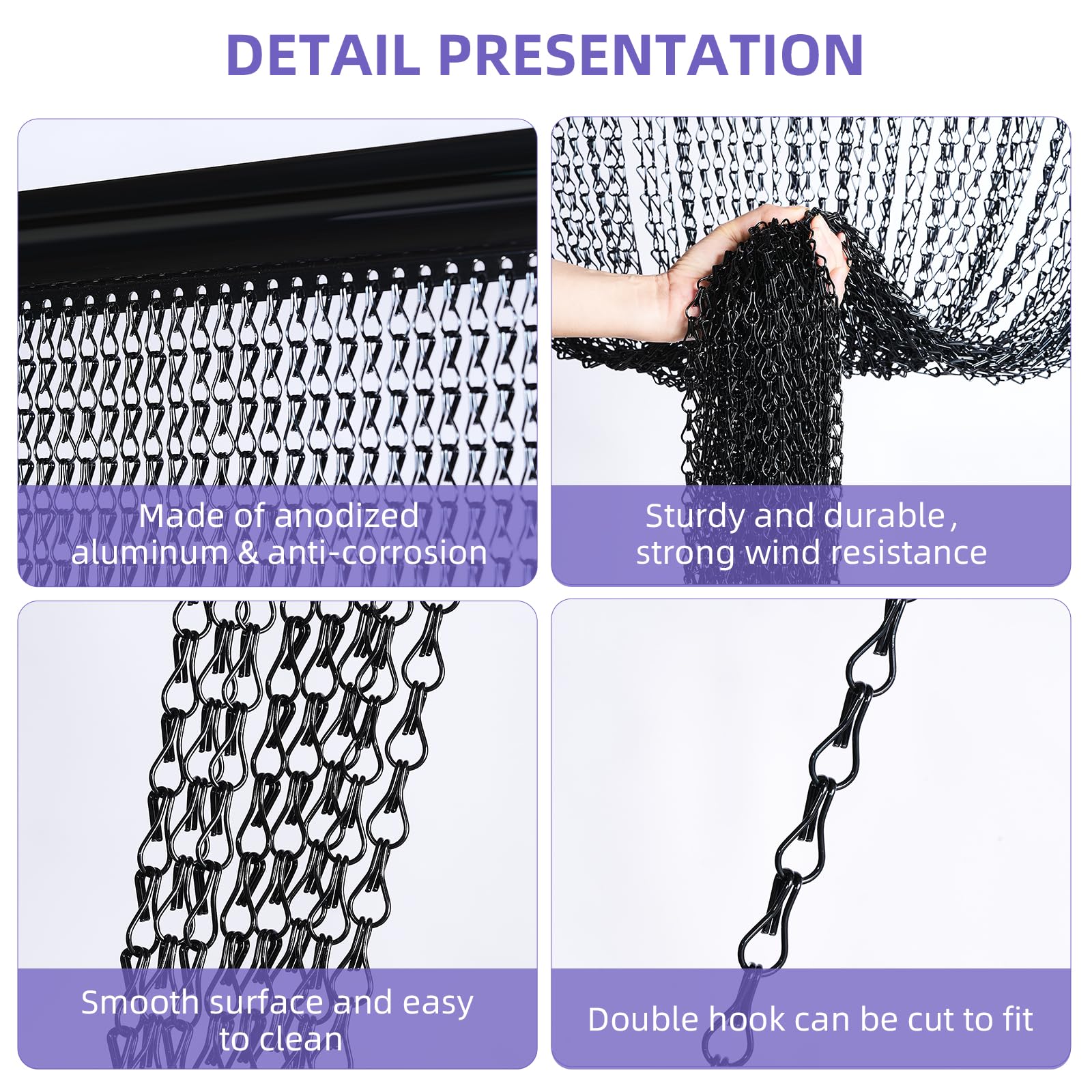 Gluwoer Aluminium Chain Curtain 100 x 210cm Metal Door Fly Screens Insect Control Curtain for Doorways (Black) - Image 4