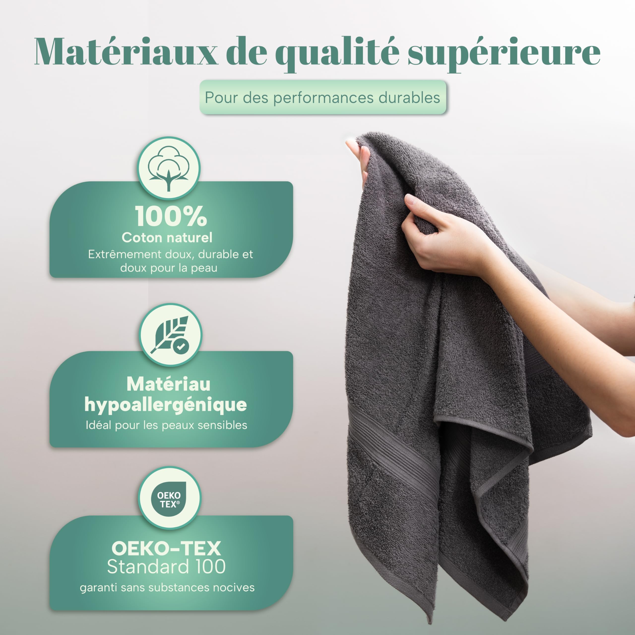 NatureMark Lot de 8 Serviettes à Main - 100% Coton - Serviettes Absorbantes et Durables, Taille 50×100 cm, Gris Antracita