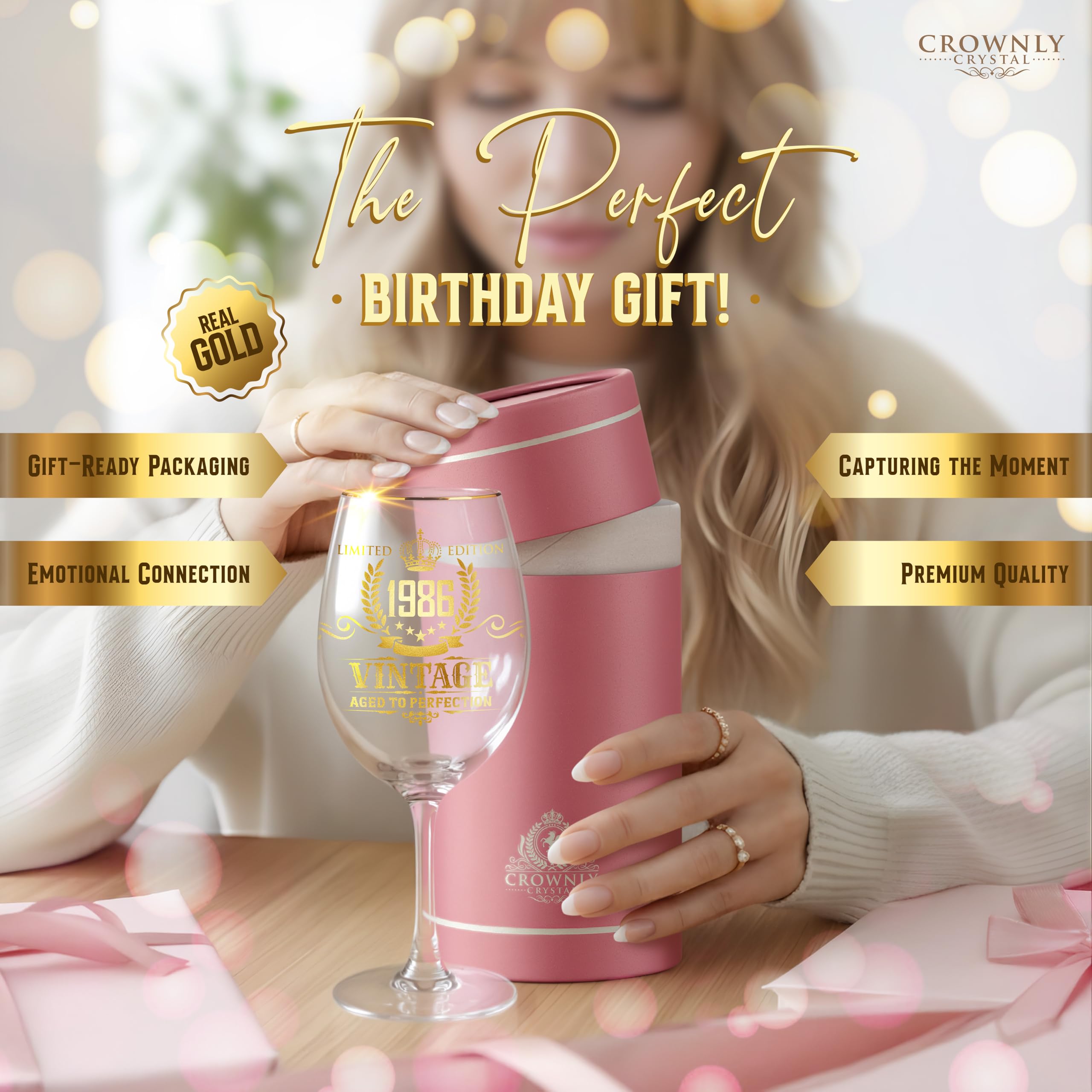 CROWNLY CRYSTAL® 1986 Bicchiere Personalizzato Donna 40° Compleanno | Idea Regalo per Sorella, Amica o Zia