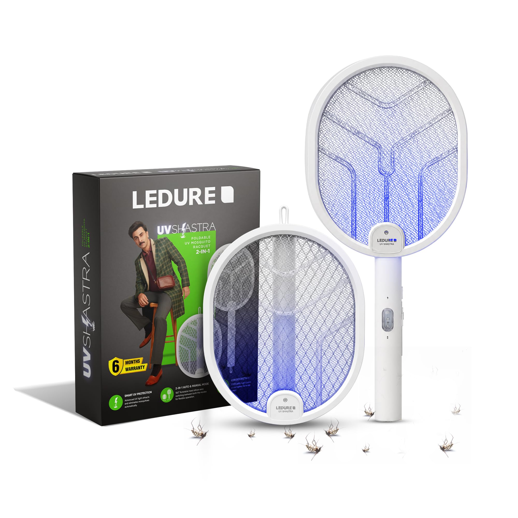 Ledure UV Shastra Foldable Mosquito Bat with UV Light | 2-in-1 Rechargeable Mosquito Racquet with USB Type-C | 6 Months Warranty | Electric Mosquito Killer Racket | Rotatable Bug Zapper | White-picture-29