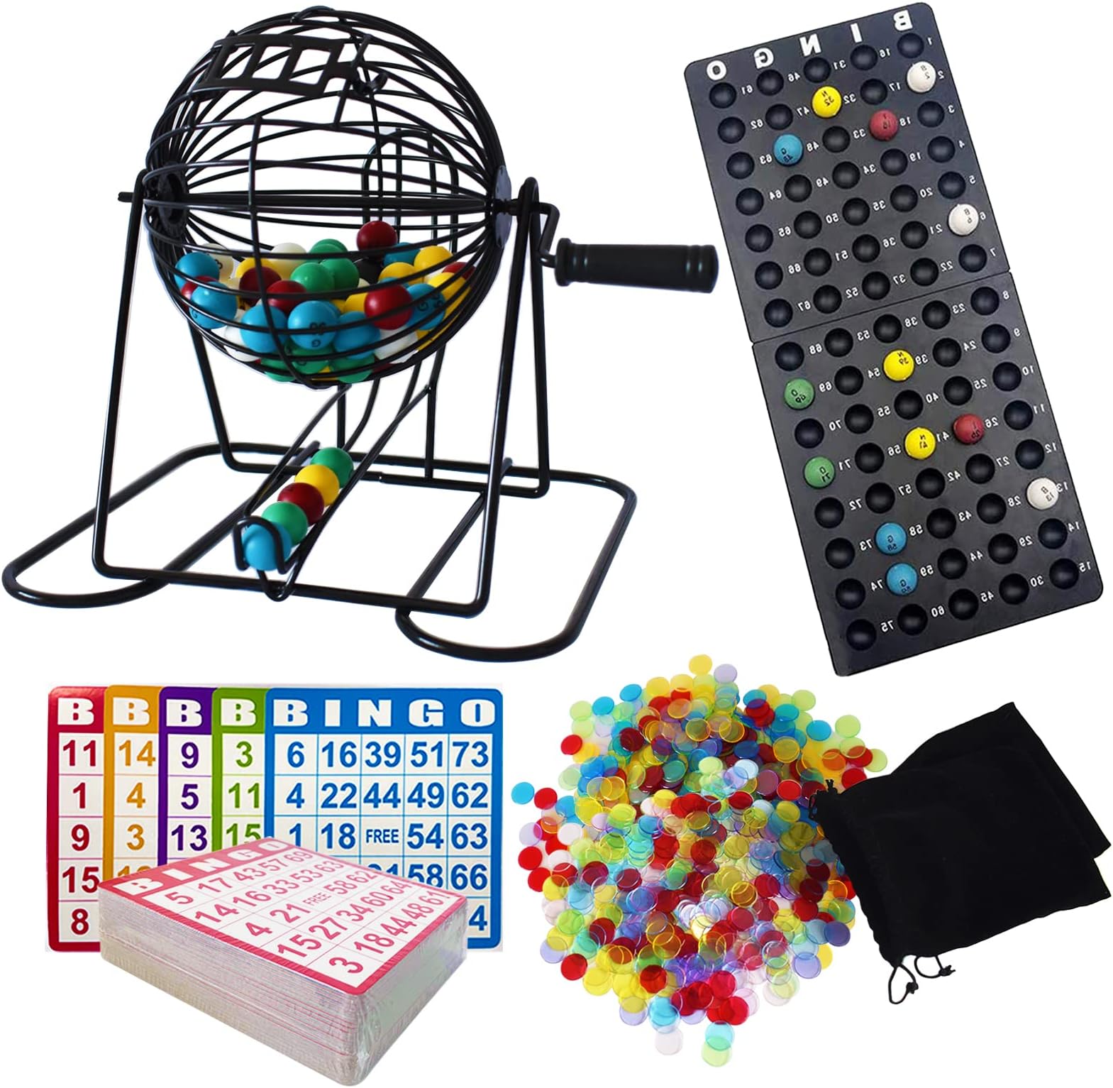 Yuanhe Deluxe Bingo Game Set - Metal Round Cage, 75 Colored Bingo Balls, 100 Bingo Cards, 500 Mixed Chips and Master Board for Large Groups, Parties