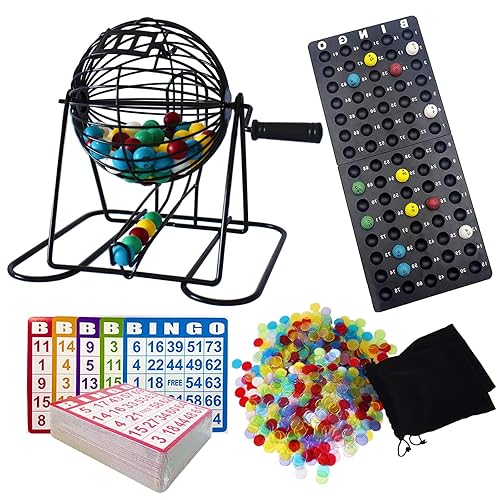 Yuanhe Deluxe Bingo Game Set - Metal Round Cage, 75 Colored Bingo Balls, 100 Bingo Cards, 500 Mixed Chips and Master Board for Large Groups, Parties - Deluxe Set