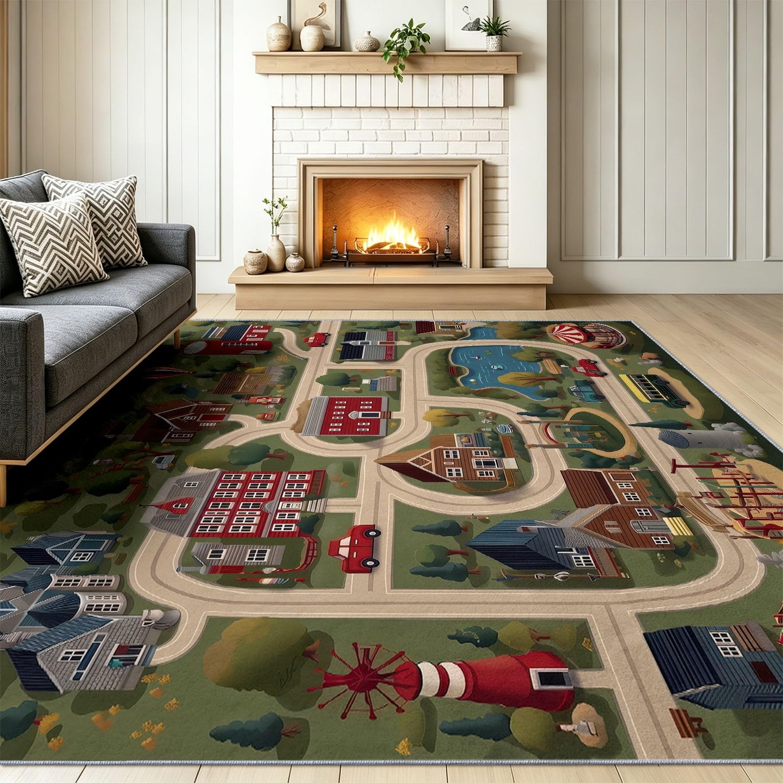 Kurzflor Kinderteppich Grün, Stadt Leben Straße Gleise Fahrzeug Weicher Spielteppich Waschbar, Rutschfester Teppich für Wohnzimmer Jugendzimmer, Pflegeleichte Dekomatte 120 x 180 cm