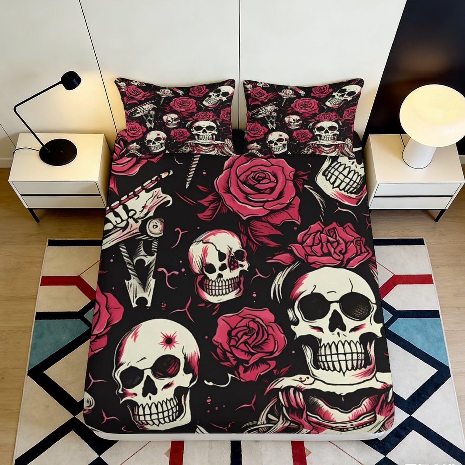 3D Printed Skull Rose Fitted Sheet Microfiber Soft Decor Gothic Bed Cover for Bedroom Guest Room Easy Care 90x200x25cm